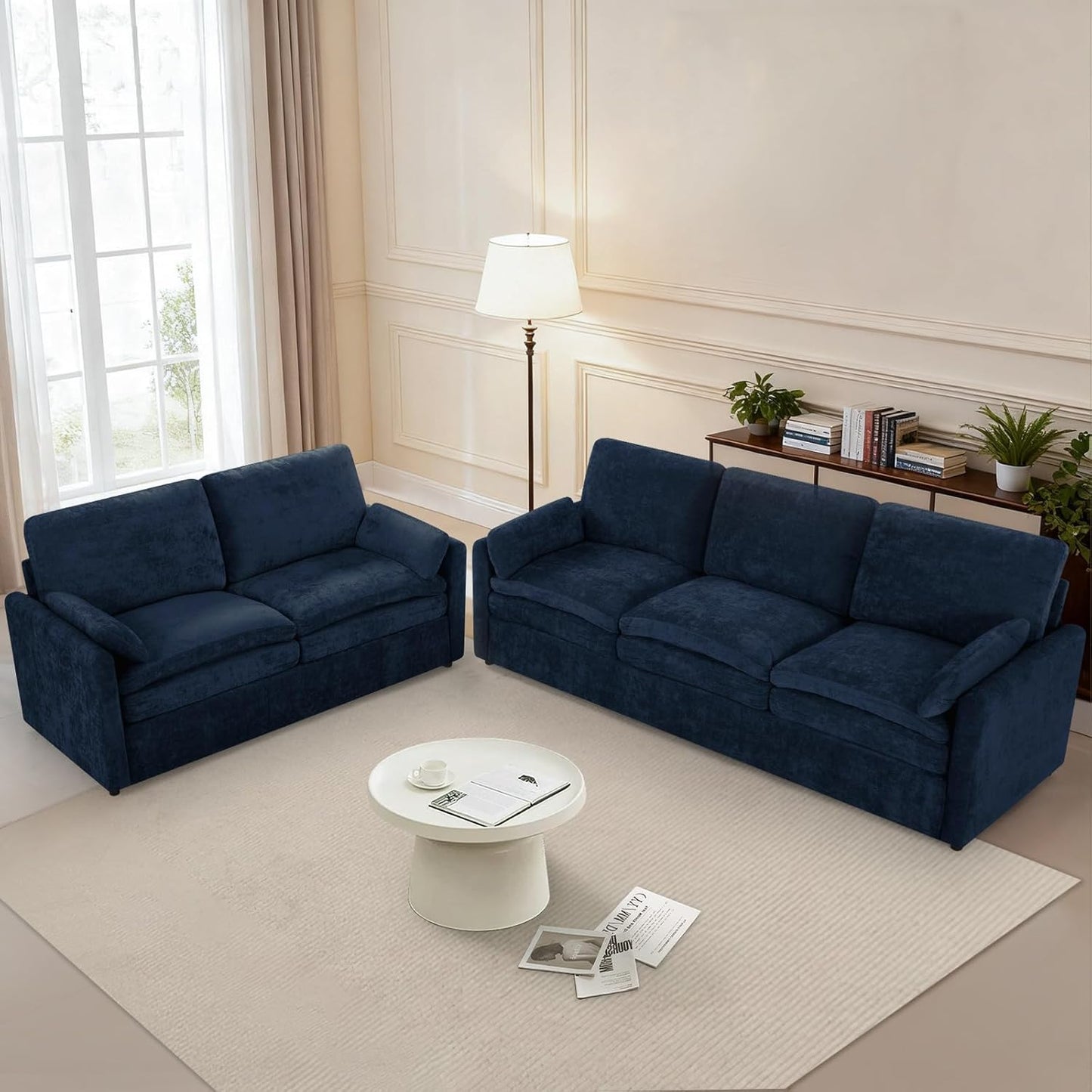 Classic Chenille Sofa Set with 2 Extra Armrest Pillows, Loveseat and 3-Seat Sofa with Upholstered Seat & Backrests, 2 Pieces Sectional Couch with Thickened Cushions for Living Room, Blue