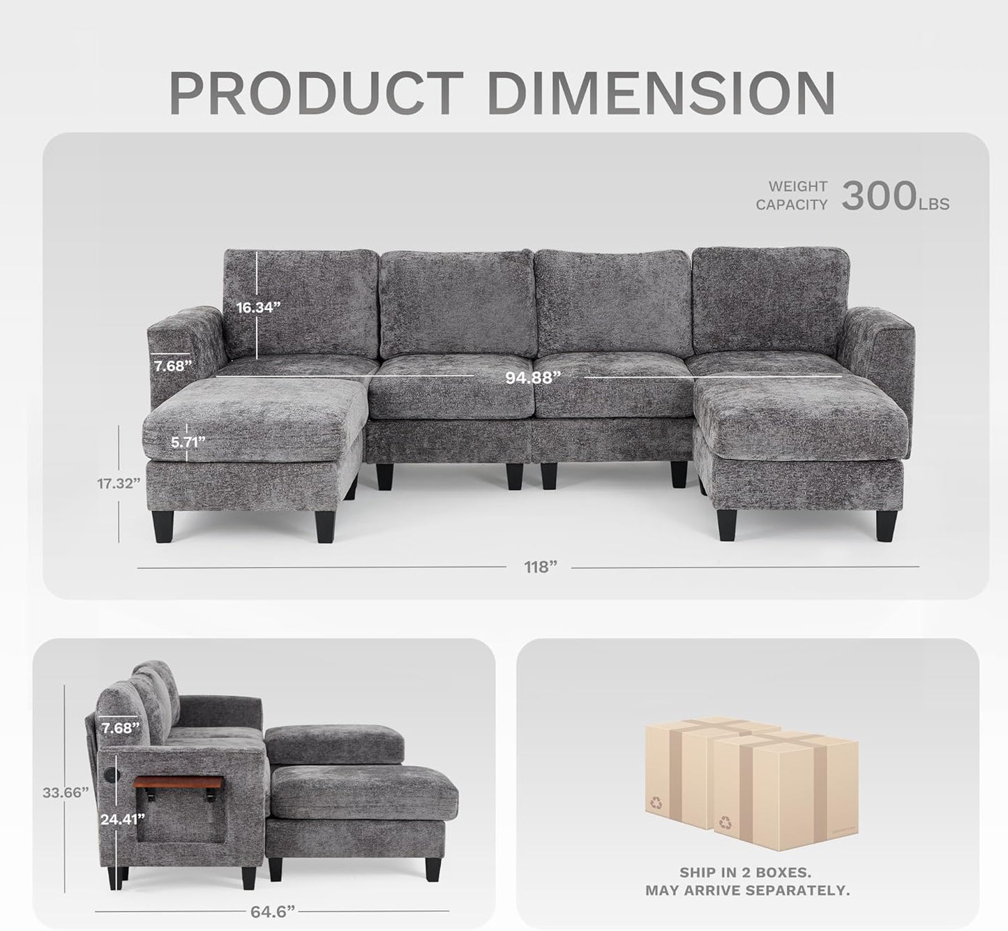 COLAMY 118" Modular Sectional Cloud Couch, Midcentury Modern 4-Seat U-Shaped Sofa, with USB Type C Ports, Foldable Side Table and 2 Ottomans, for Home Living Room, Grey