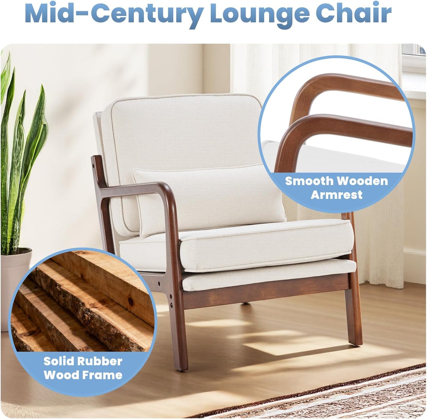 DUMOS Accent Chairs Set of 2,Mid Century Modern Chair with Arms and Waist Cushion, Reading Chairs for Adults, Lounge Chair for Living Room and Bedroom, Solid Wooden Frame, Cream