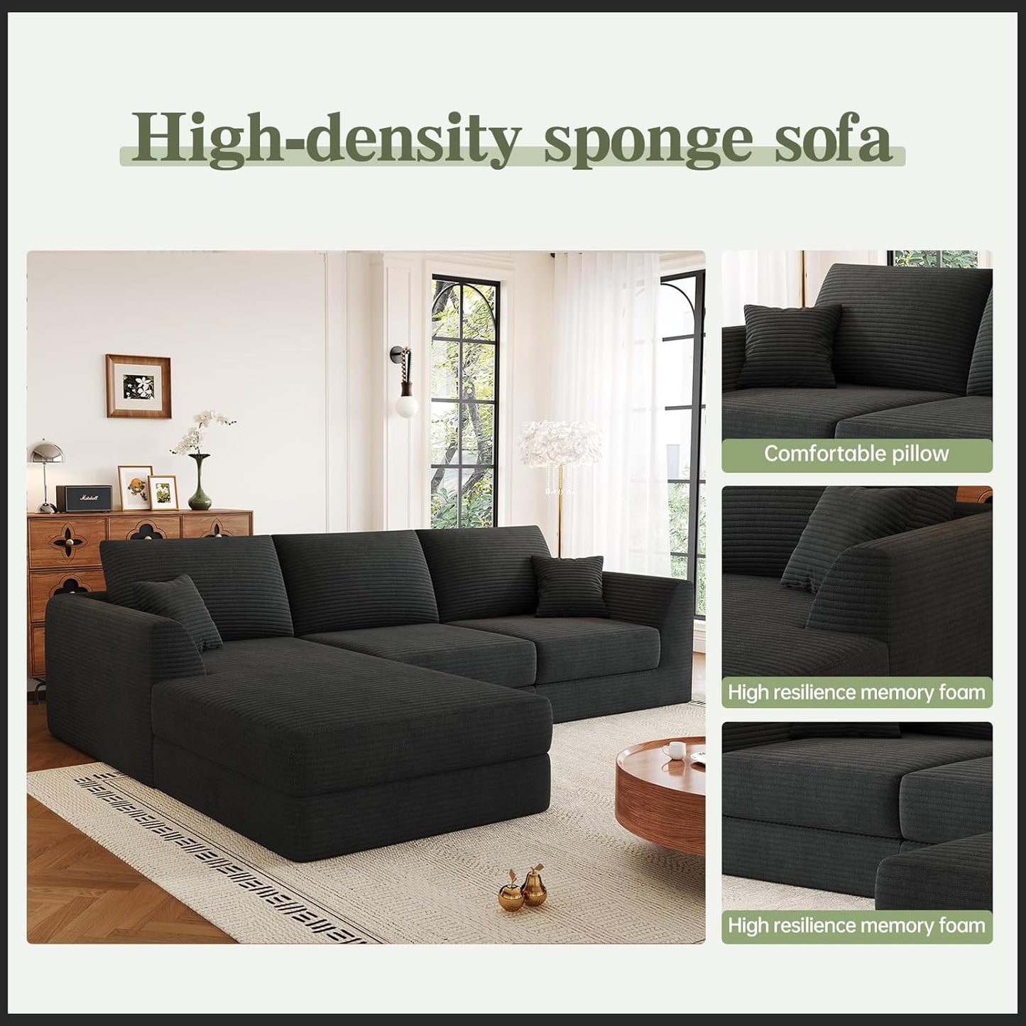 106" Modular Sectional Sofa with Reversible Chaise, Black Corduroy L-Shaped Cloud Couch for Living Room Apartment, 3-Piece Set, No Assembly Required, High-Density Supportive Foam