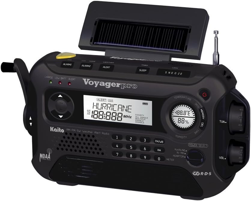 Kaito Voyager Pro KA600 Digital Solar Dynamo Hand Crank AM/FM/LW/SW & NOAA Weather Emergency Radio with Flashlight, Reading Lamp,Smart Phone Charger & RDS and Real-Time Alert, with AC Adapter, Black