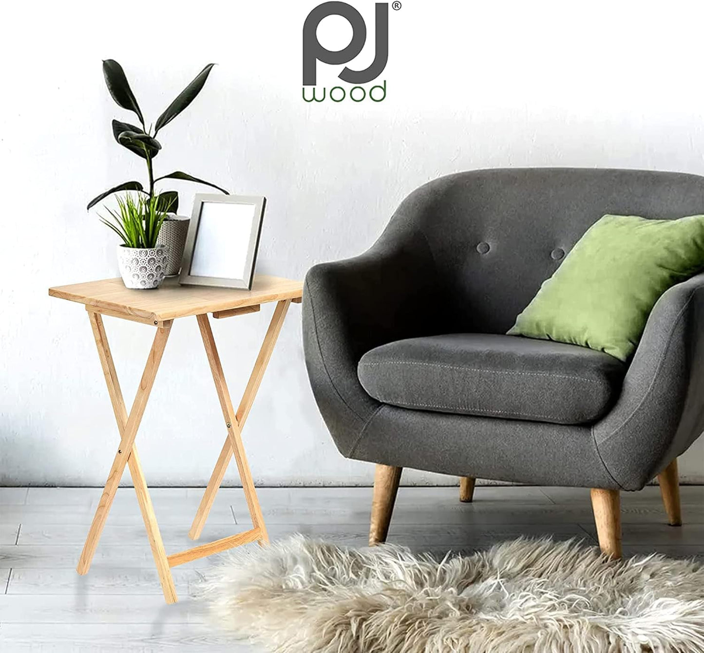 PJ Wood 5-Pack TV Tray, Folding Wooden Dinner Table Set with Storage Rack, Natural - Portable and Adjustable Home Furniture for Living Room, Bedroom, and Kitchen