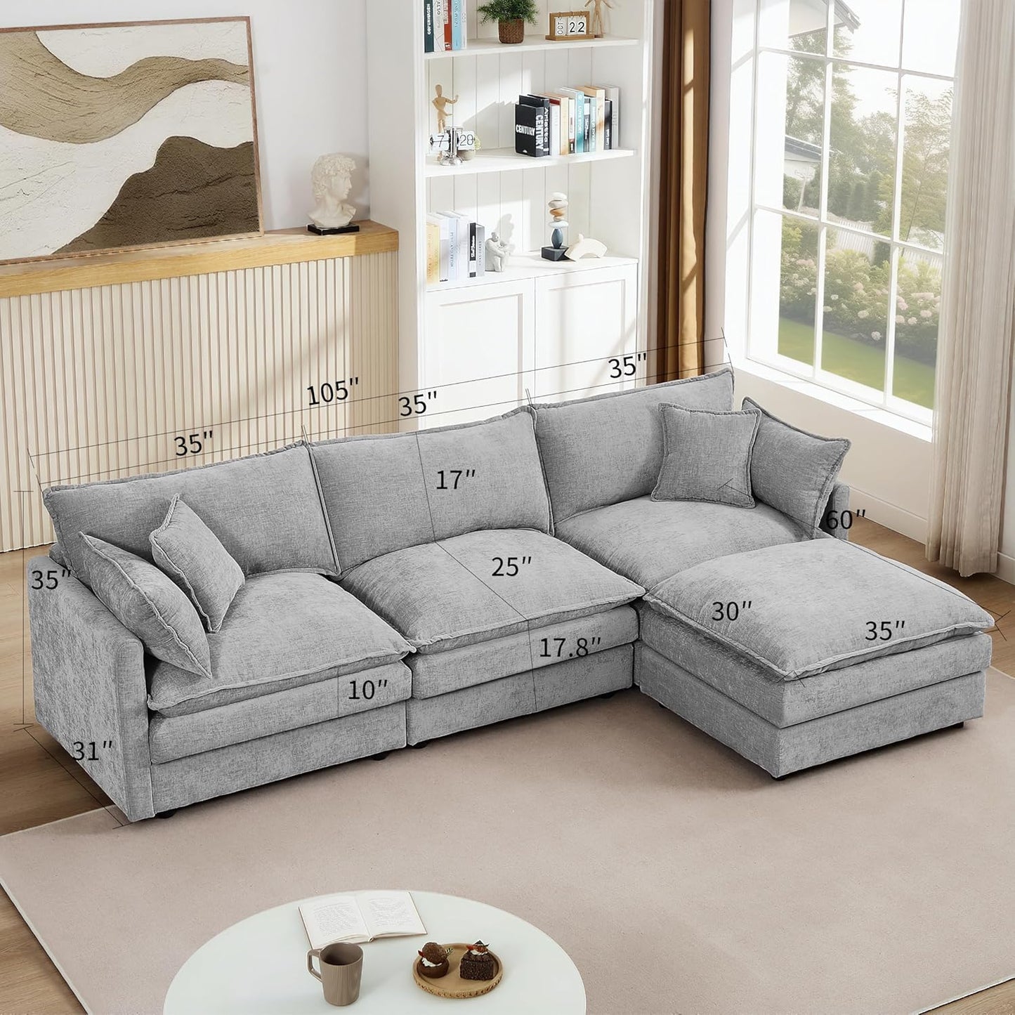 Eafurn Oversized Reversible Modular Sectional Sofa with Movable Ottoman, 4 Seater Convertible L Shaped Corner Couch Modern Chenille Sofa Set w/Double Layers Seat Cushions for Living Room Apartment