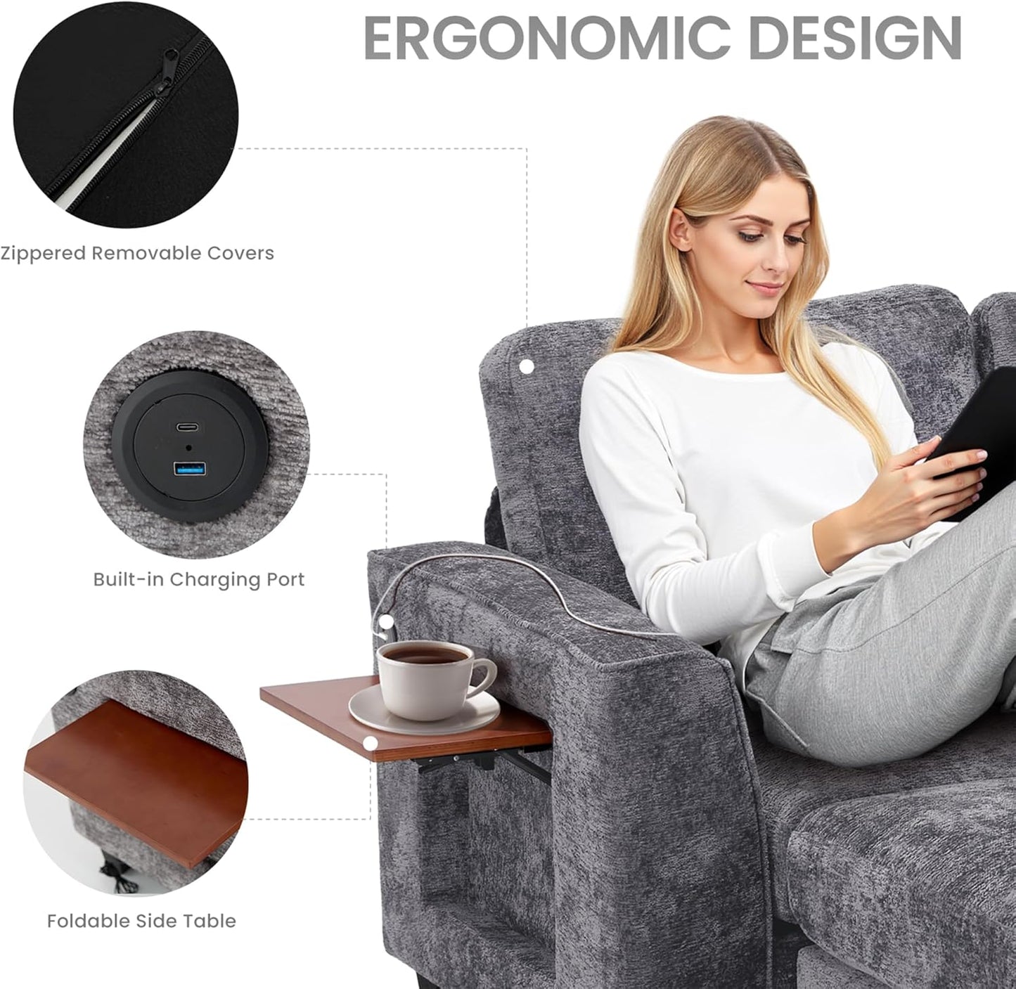 COLAMY 118" Modular Sectional Cloud Couch, Midcentury Modern 4-Seat U-Shaped Sofa, with USB Type C Ports, Foldable Side Table and 2 Ottomans, for Home Living Room, Grey
