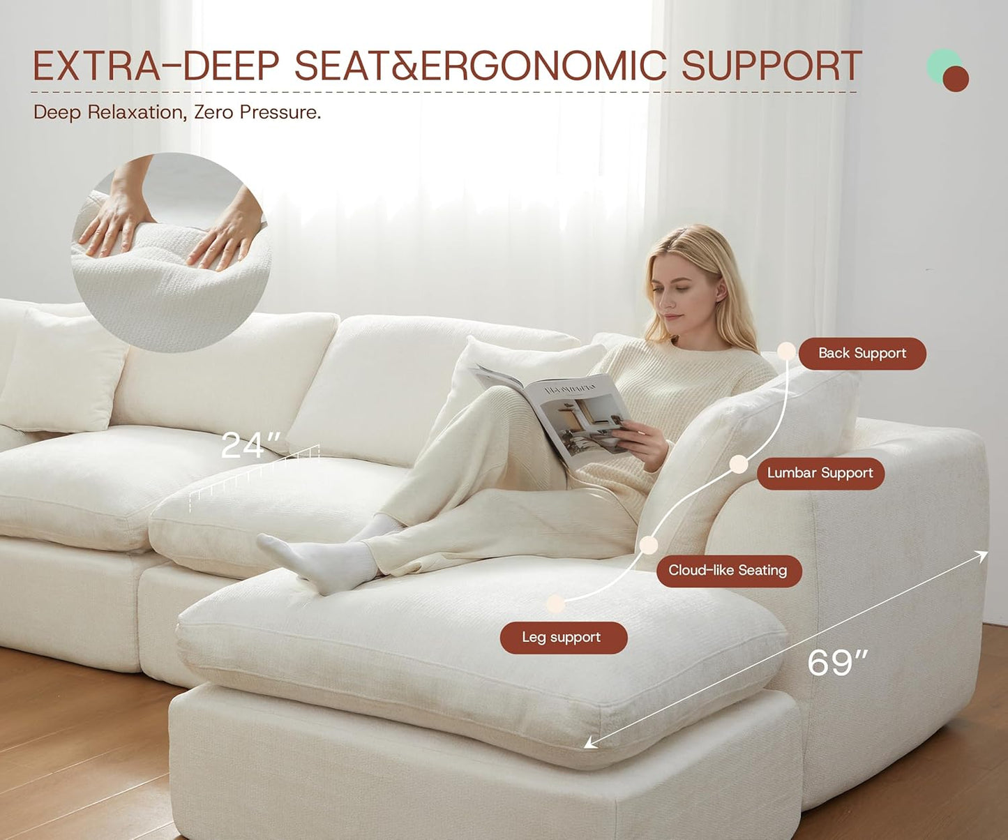 GRUSIGN 110'' Oversized Cloud Sectional Boneless Couch for Living Room, Modern Big Compressed L Shape Couch with Ottoman & 2 Throw Pillows, Chenille Deep Seat Memory Foam Spineless 4 Seater Sofa,Beige