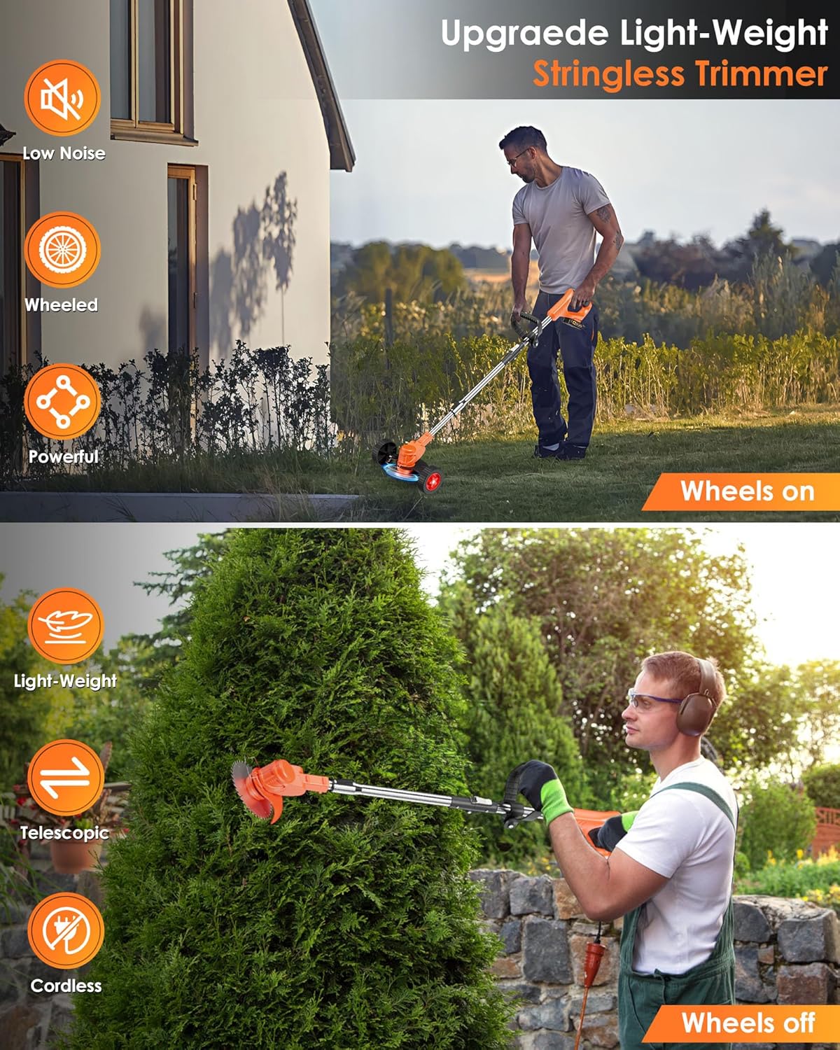Cordless Weed Wacker, 21V 2-in-1 Lightweight Stringless Weed Wacker, Foldable 2.0Ah Battery Powered Weed Trimmer, Grass Trimmer/Brush Cutter/Edger Lawn Tool for Yard Lawns Garden