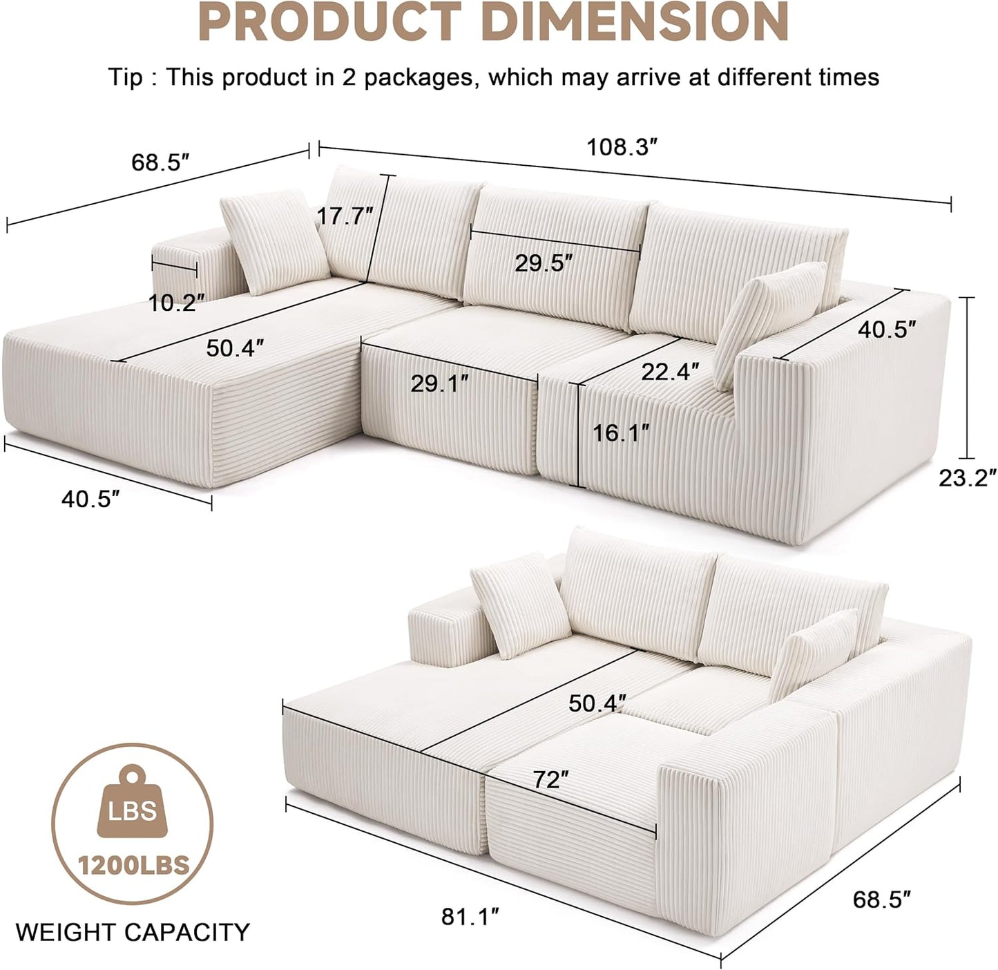 108” Modular Sectional Sofa, Cloud Sectional Couch with Deep Seat, Modern Modular L-Shape Sofa Couch with Chaise,Upholstered Boneless Couches for Living Room Bedroom (Beige, Left Facing Chaise)