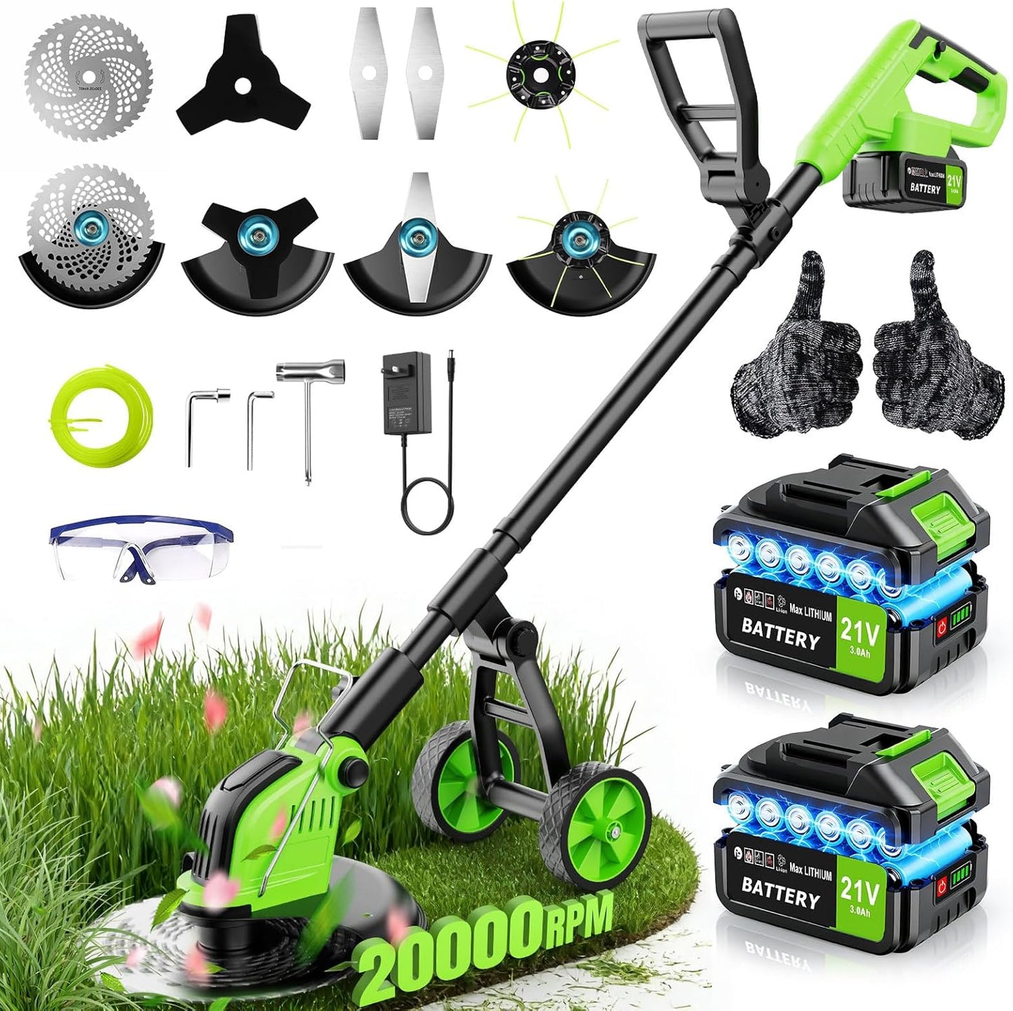 20,000RPM Cordless Electric Weed Wacker, 800W Brushless Weed Eater with Wheels, 12" 4-in-1 String Trimmer Lawn Edger Mini Lawn Mower Brush Cutter, Foldable, 21V, 2×4.0Ah Batteries Power Display
