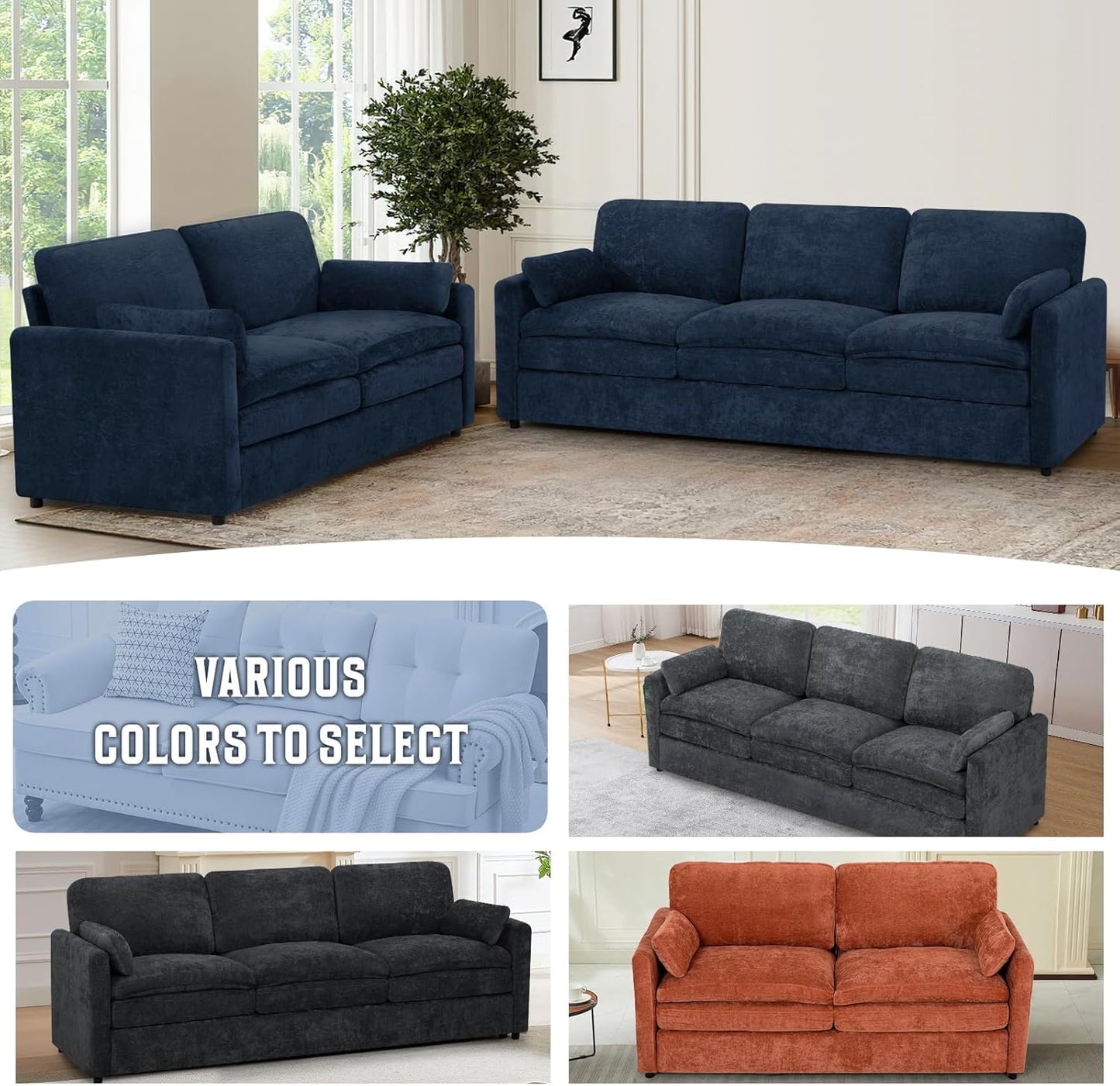 Classic Chenille Sofa Set with 2 Extra Armrest Pillows, Loveseat and 3-Seat Sofa with Upholstered Seat & Backrests, 2 Pieces Sectional Couch with Thickened Cushions for Living Room, Blue