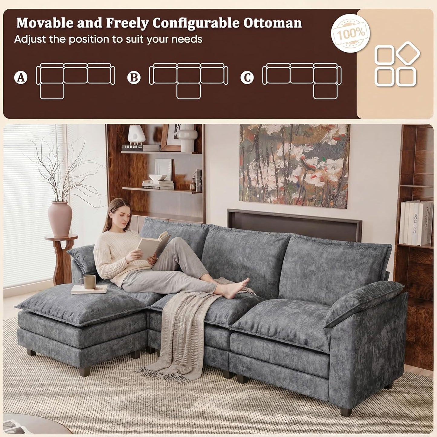 JUMMICO 118.9" Modular Sectional Cloud Couch 3-Seat Sofa Set with Movable Ottoman, L Shaped Sofa Couch with Deep Seat, Chenille Couches for Living Room (Light Grey-4, L Shaped Sofa)