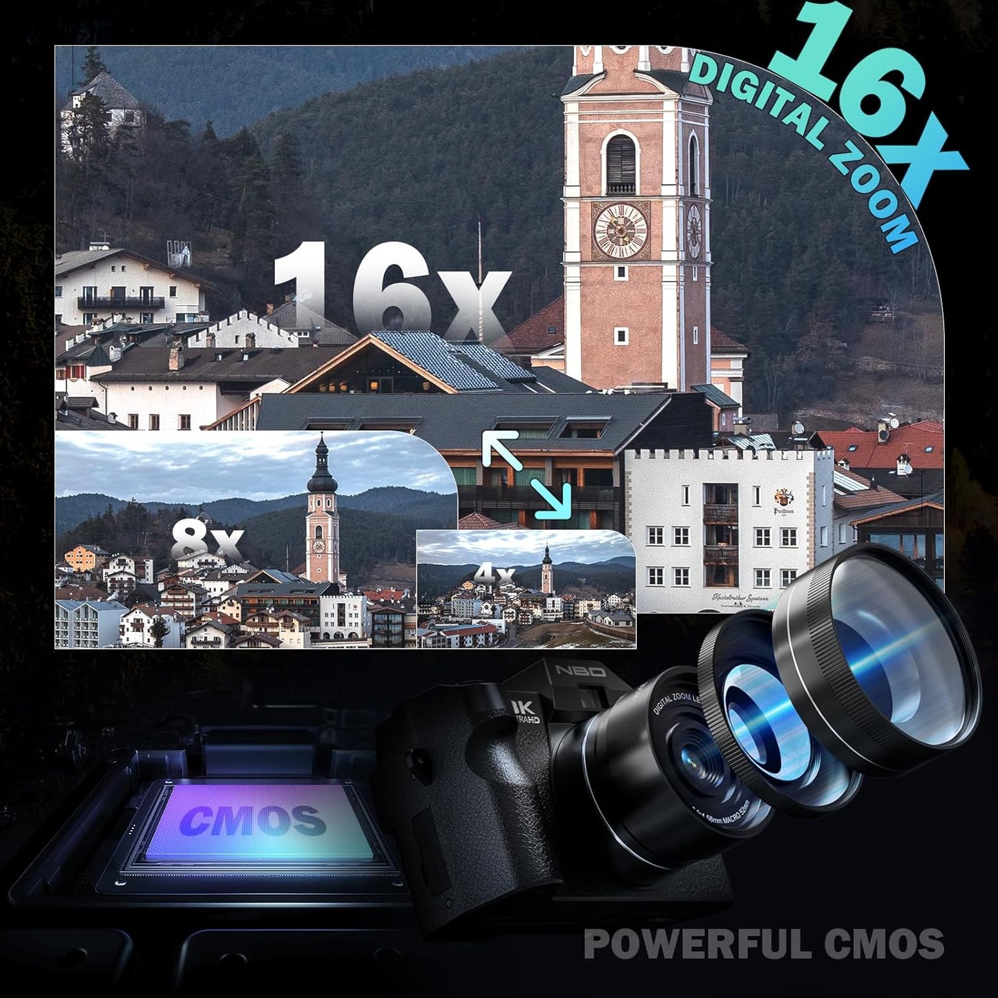 True 8K Digital Cameras for Photography 64MP - WiFi, Wide-Angle & Macro Lens, 16X Zoom Autofocus, 3" 180° Flip Screen, 64GB Card, Vlogging Camera for YouTube Travel(Black)