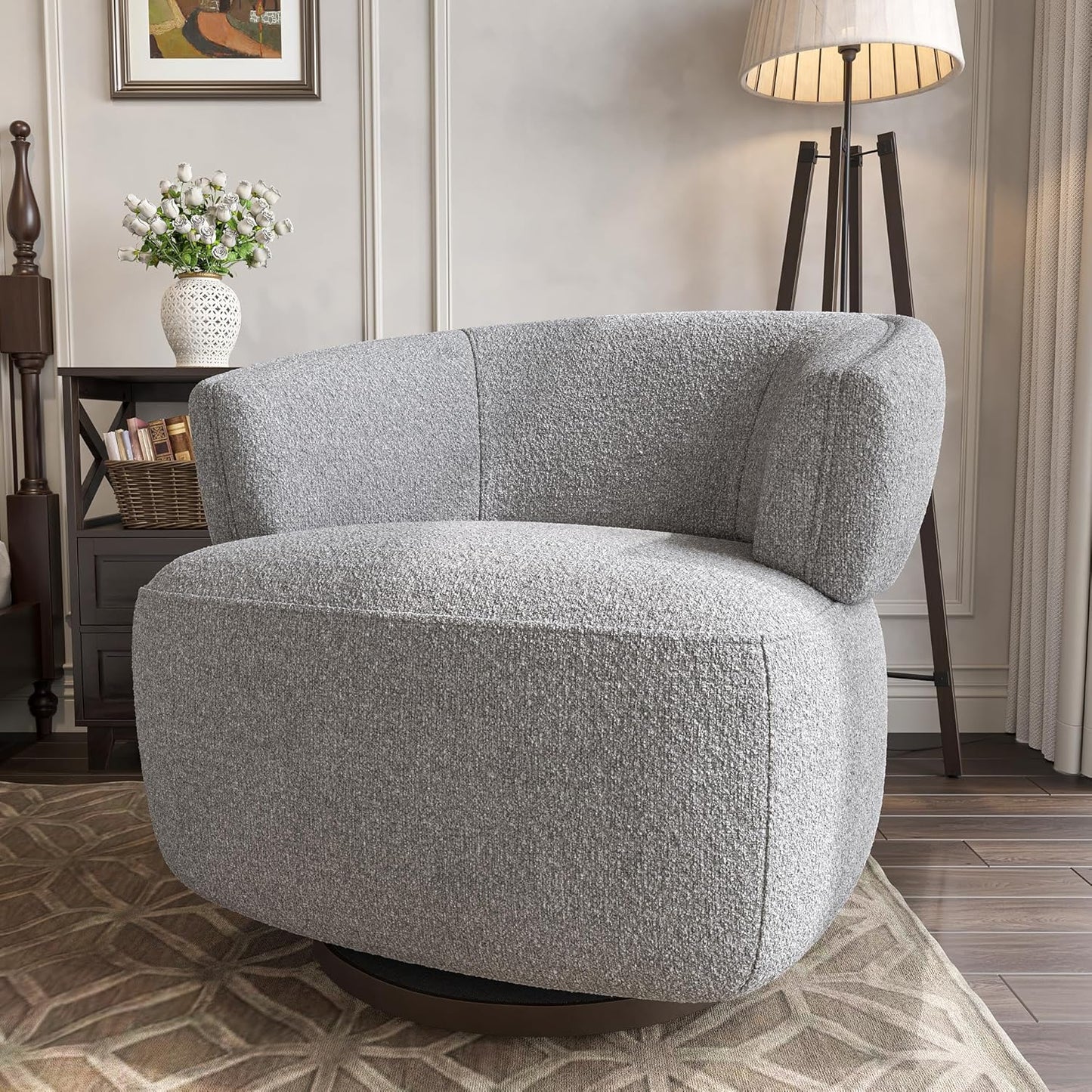 RoyalCraft Swivel Accent Chair Set of 2, Fully Assembled Round Barrel Chairs, Oversized Upholstered Armchair with 360-Degree Base, Modern Club Chair for Living Room, Bedroom, Office, Grey