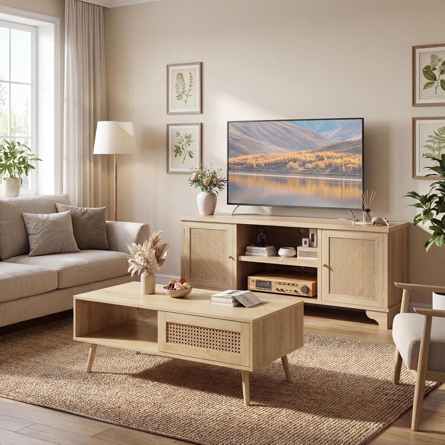 IDEALHOUSE Living Room Table Sets of 2, Includes 62" Rattan TV Stand Storage Cabinet for 65" TV, Farmhouse Coffee Table with Storage Shelf for Bedroom