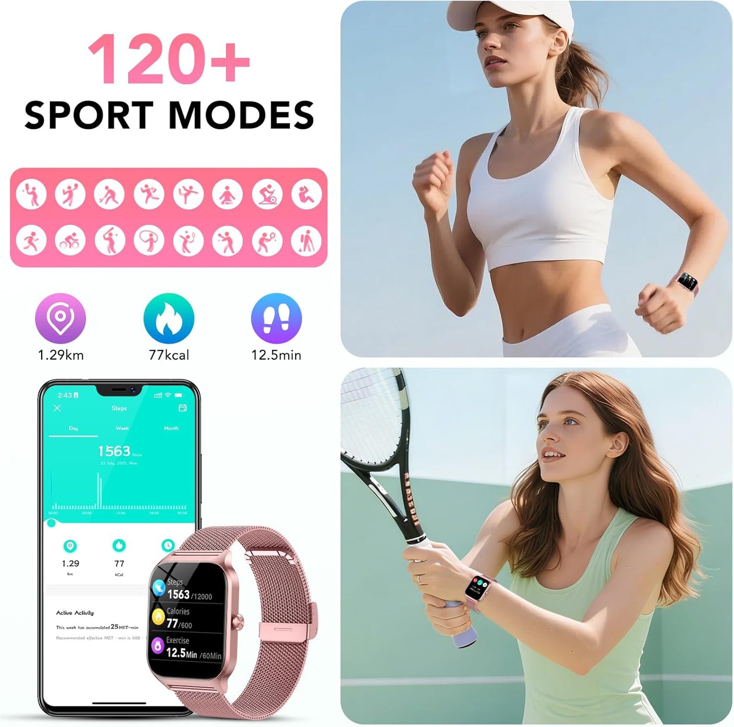CASCHO Smart Watch for Women (2 Bands), Bluetooth Call Smartwatch with AI Voice,1.85" HD Fitness Watch,Heart Rate/SpO2/Steps/Sleep Monitor,120+ Sports Modes,IP68 Waterproof Watch for Android iOS-Rose