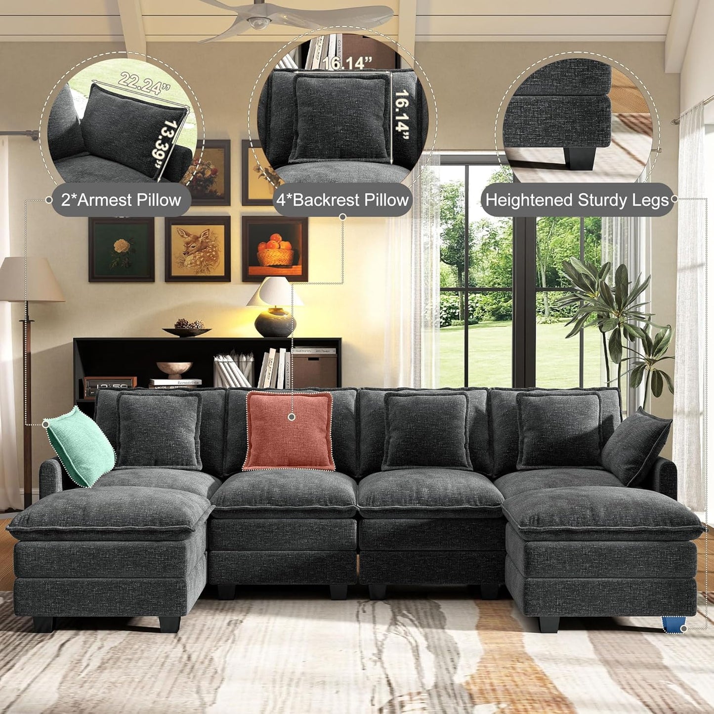 107" Cloud Couch Sectional, U Shaped Modular Sectional Sofa, 4-Seat Deep Seat Couch with 6 Removable Washable Pillows and 2 Ottoman for Living Room, Bedroom, Apartment, Black Grey