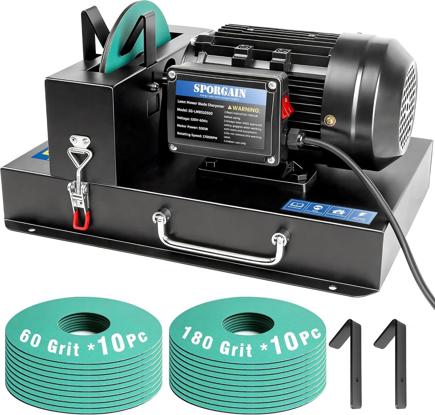SporGain Lawn Mower Blade Sharpener 2/3 HP, Lawnmower Blade Sharpener with 20 Sandpapers 60/180 Grit, Heavy-Duty Mower Sharpening Machine for High/Low Lift, Gator & Flat Blades