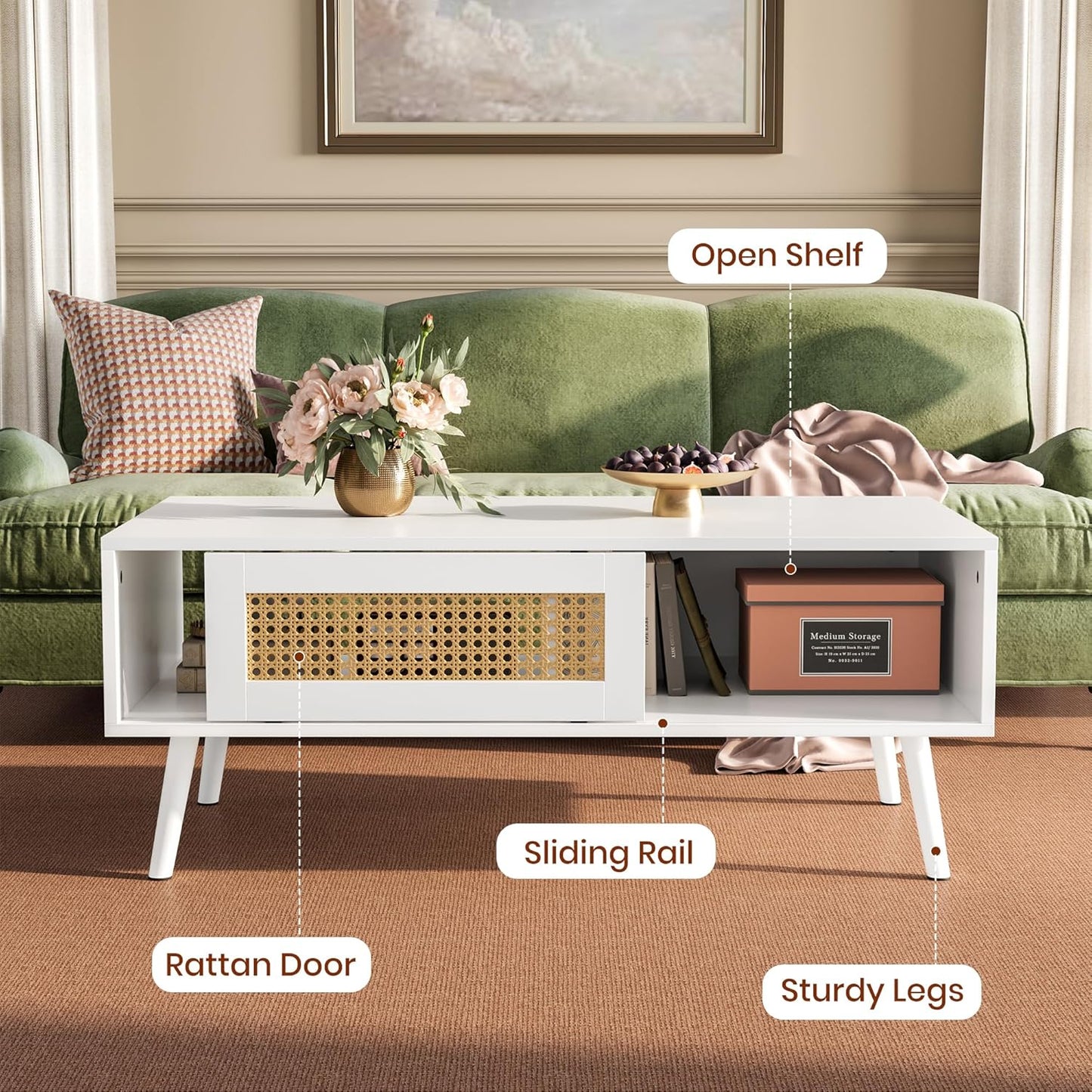IDEALHOUSE Living Room Table Sets of 2, Includes 62" Rattan TV Stand Storage Cabinet for 65" TV, Farmhouse Coffee Table with Storage Shelf for Bedroom
