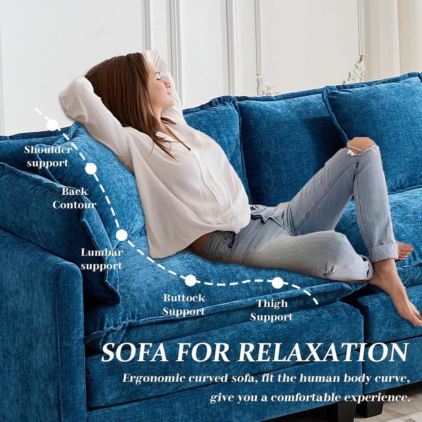 SoarFlash 113.78" Chenille Sectional Sofa, Comfy L Shaped Modular Coush Sofa with Ottoman, Modern 4 Seat Couch Deep Seat Sofa Set for Living Room,Blue