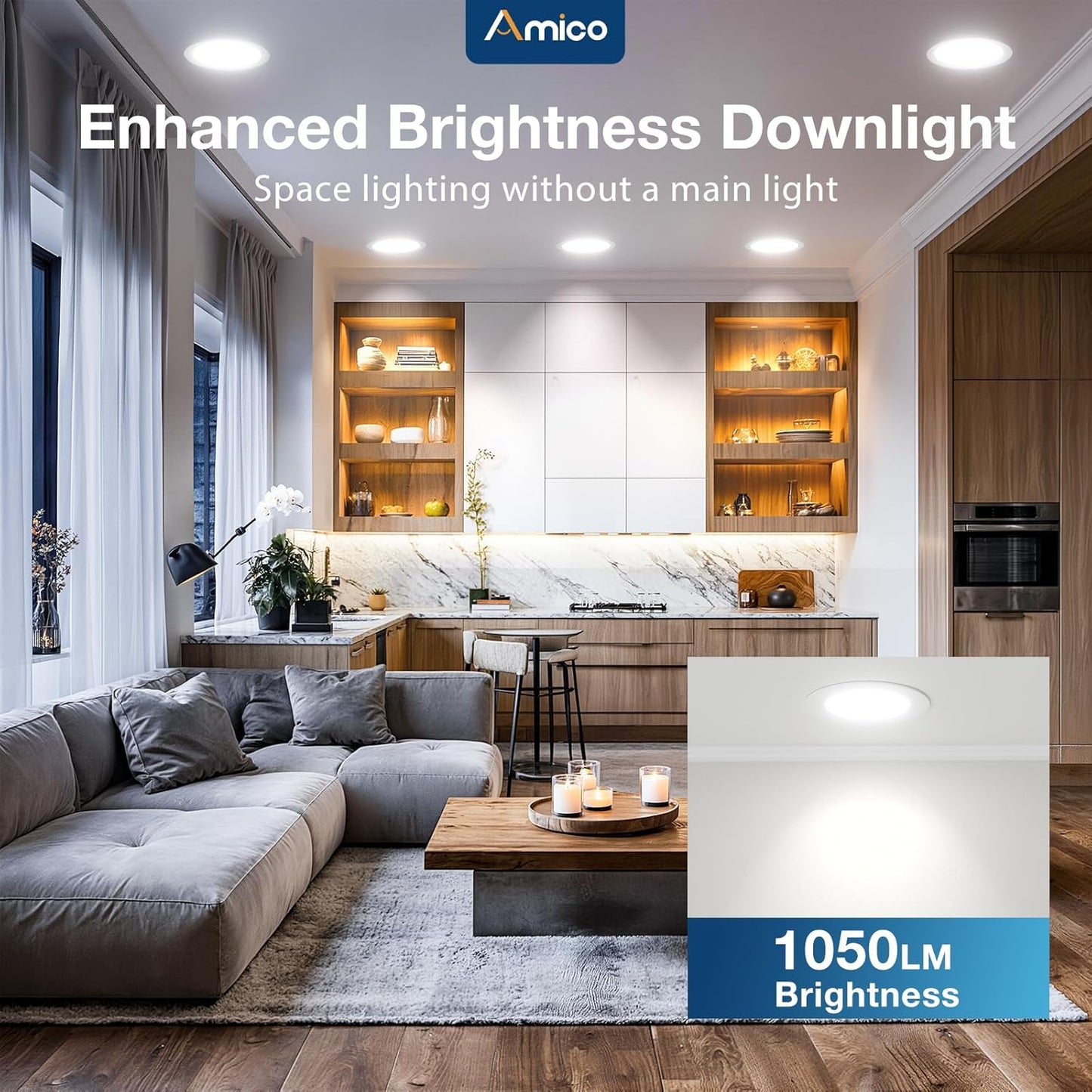 Amico 24 Pack 6 Inch 5CCT Ultra-Thin LED Recessed Ceiling Light with Junction Box, 2700K/3000K/3500K/4000K/5000K Selectable, 1050 Lumens, Dimmable Canless Wafer Downlight, 12W Eqv 110W-ETL&FCC