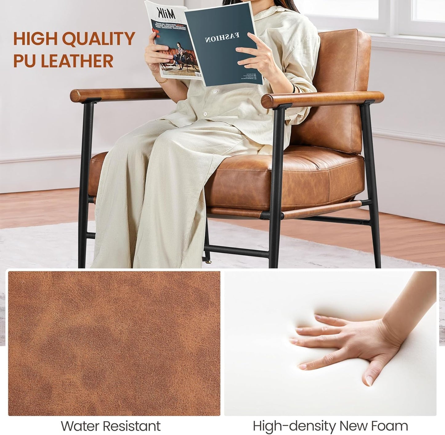 Yaheetech Accent Chair Set of 2, PU Leather Living Room Chair Back Pillow Modern Lounge Chair Wooden Arms Metal Frame Bedroom Waiting Room Retro Brown