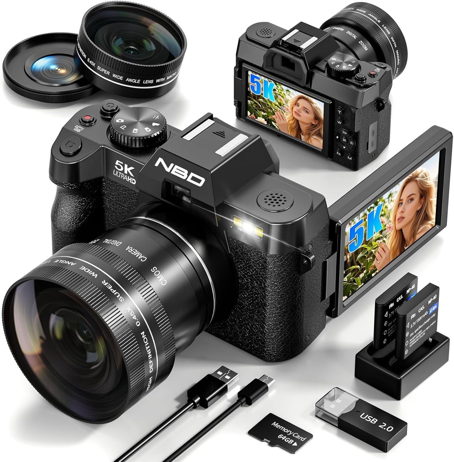 5K Digital Cameras for Photography 64MP - 16X Zoom, WiFi, with 64GB TF Card, Macro Lens & Wide-Angle, Autofocus & Anti-Shake, Vlogging Camera for YouTube Travel (Black)