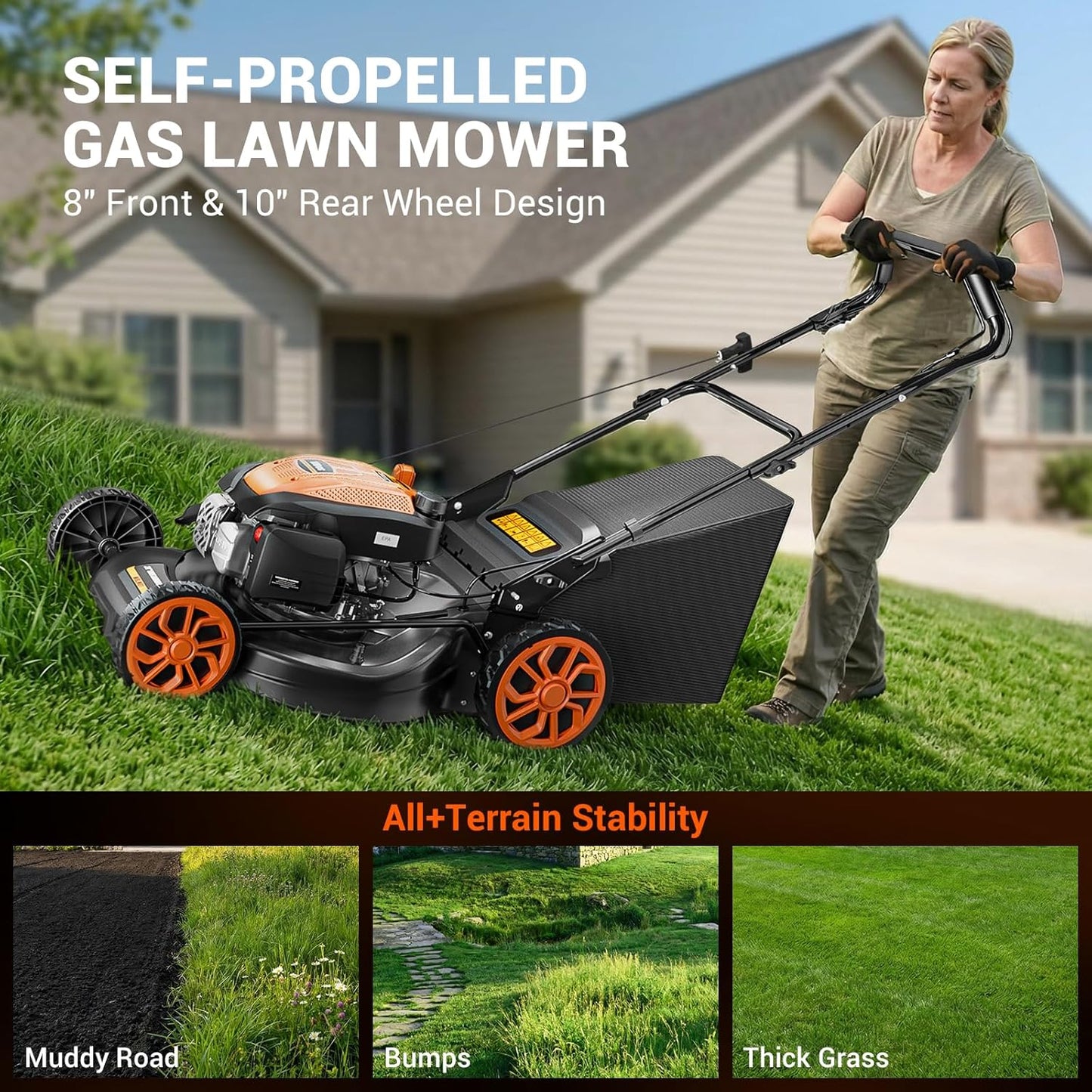 21" Self-Propelled Gas Lawn Mower, 170CC Engine, 3-in-1 with Mulching and Side Discharge, 7 Position Cutting Height Adjustment for Yard and Garden