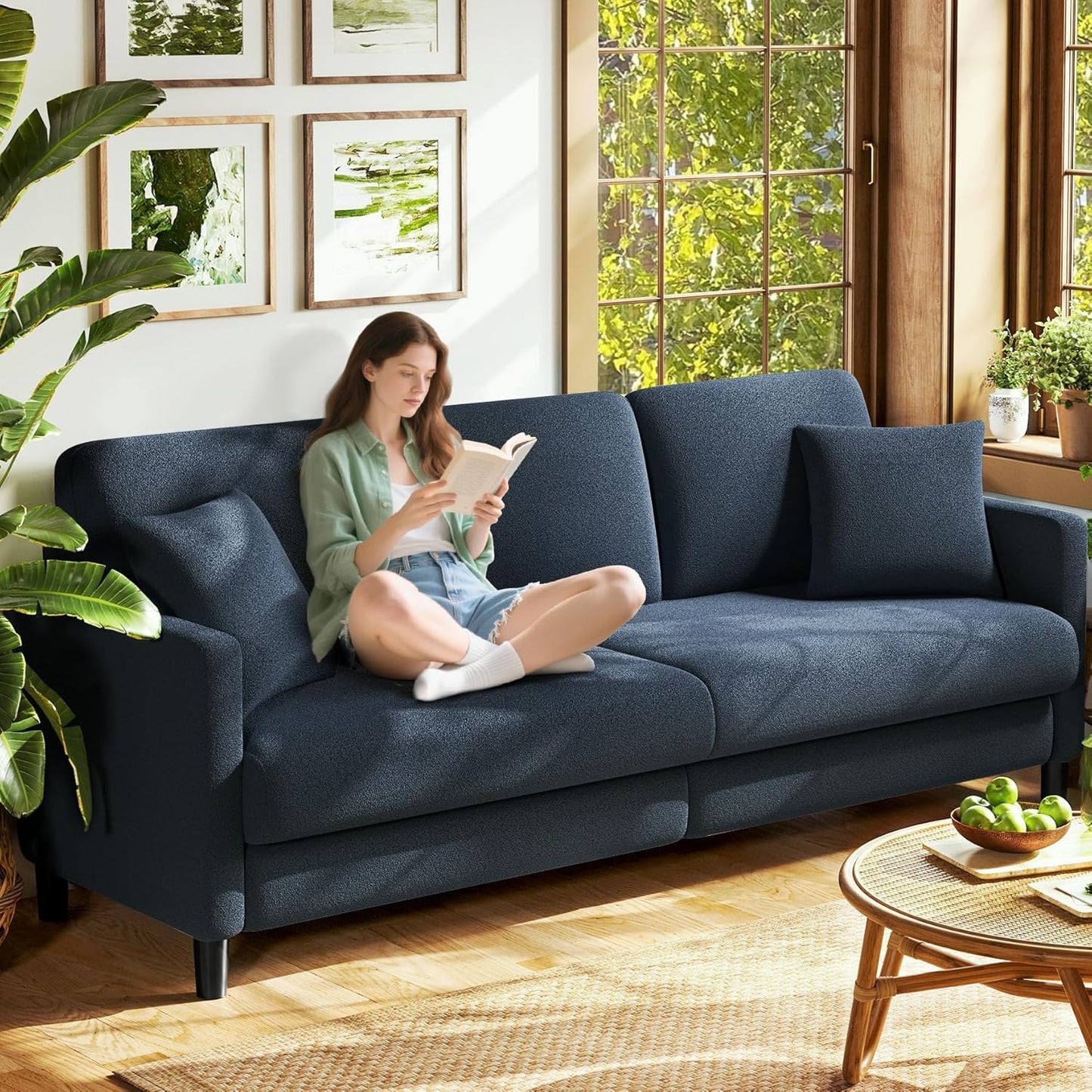 Welzona 83" Couches for Living Room, Teddy Sofa Couch, Comfy Sofas for Living Room, Tool-Free Setup Loveseat Sofa, All-Wood Love Seat Couches, Small Couch 2 Pillows Included, Blue Grey