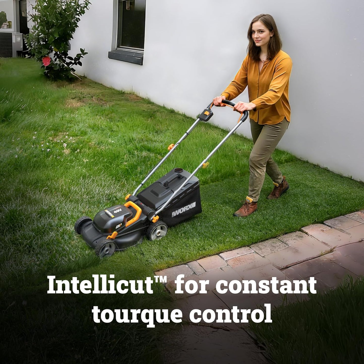 WORX Cordless Lawn Mower, 14" 40V Electric Mower with Brushless Motor, Lightweight 2 in 1 Push Lawn Mower with 6-Position Height Adjustment for Small Yards, 2 Batteries & Charger Included, WG735