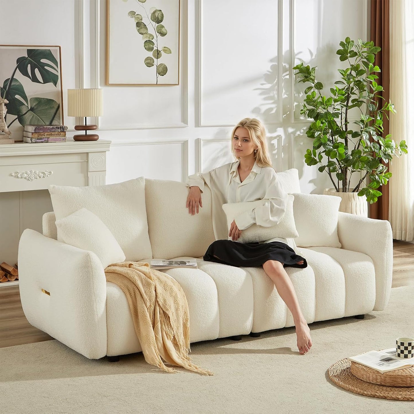 Antetek Set of 3 Teddy Sofa for Living Room, Modern 2 Units Deep Seat Sofa Chairs and an Oversized 3-Seater Cloud Boucle Couch for Bedroom, Office, Apartment, Furniture Set, Beige (3 Pieces)