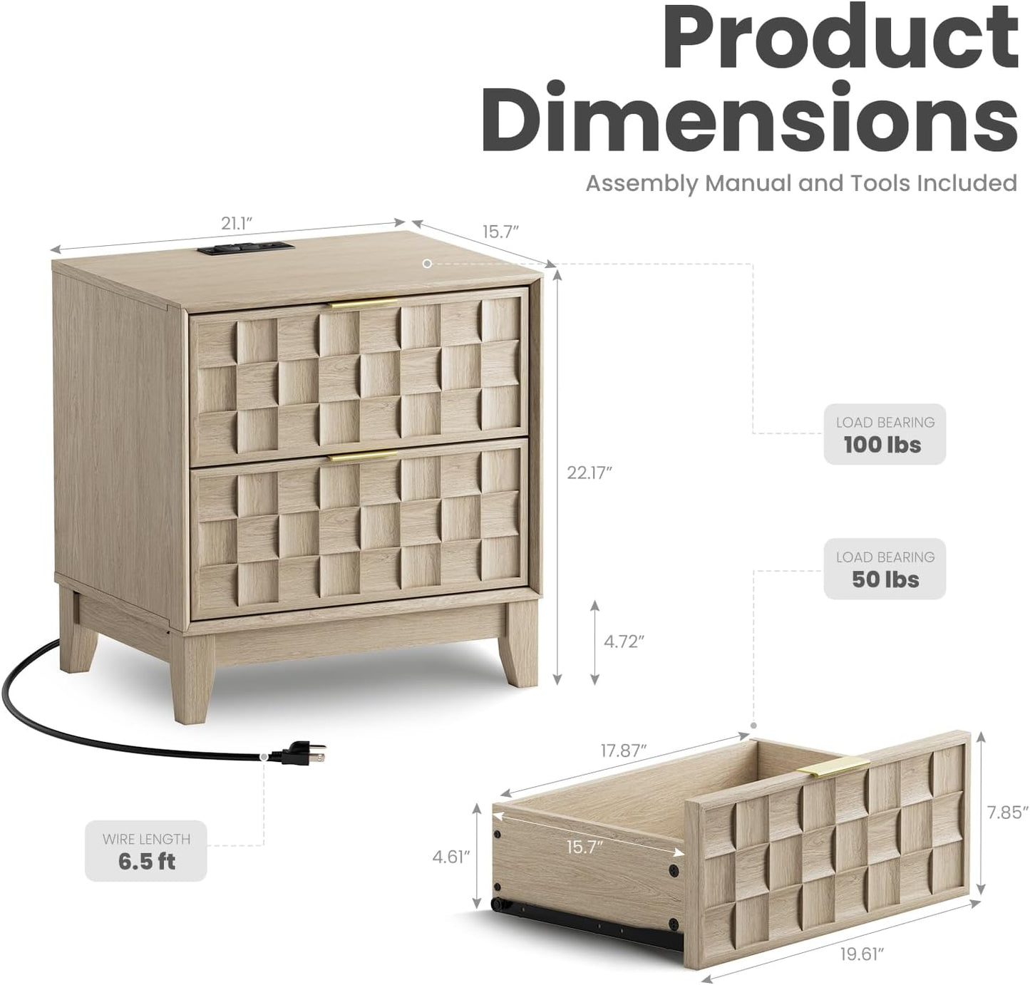 COLAMY Night Stand with Charging Station Set of 2, Modern Nightstand Bedside Table, Wooden 2 Drawers Dresser, with Chessboard Relief and Charger, for Bedroom, Living Room and Small Space - Oak