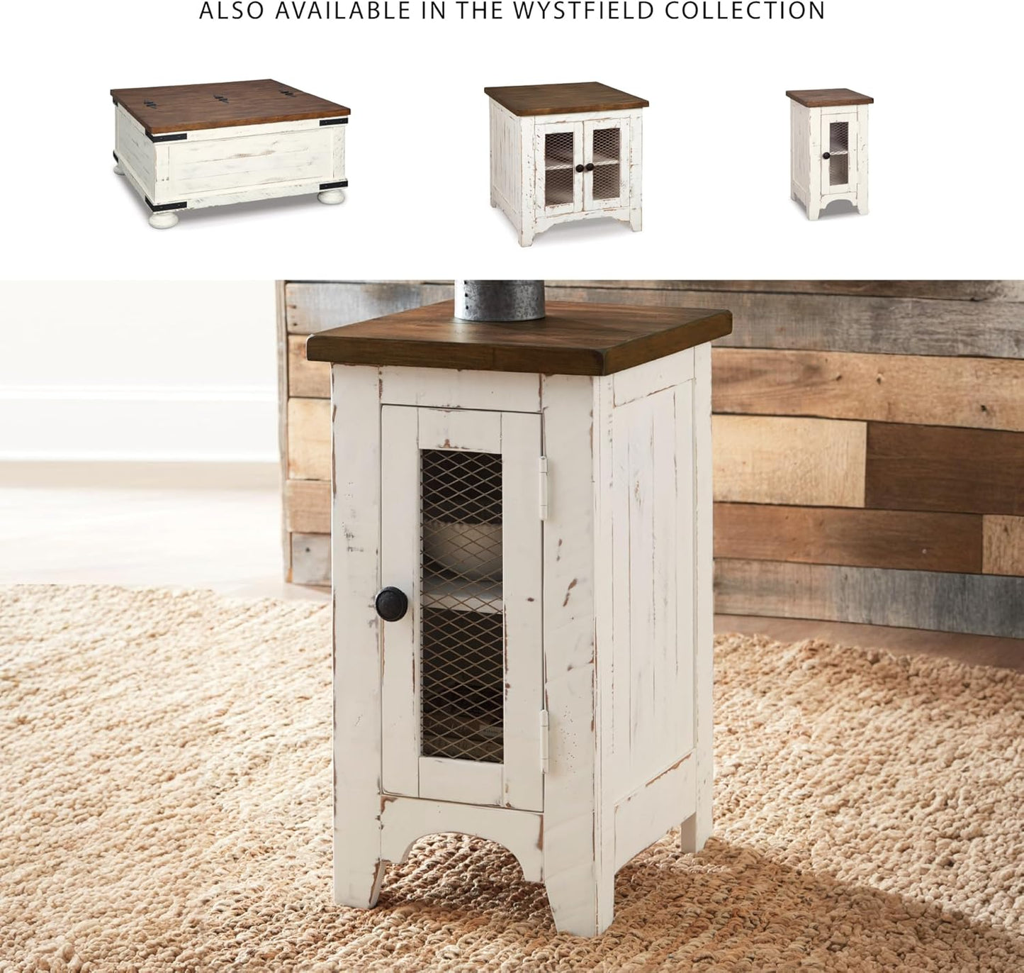 Signature Design by Ashley Wystfield Farmhouse Chair Side End Table with Cabinet Door for Storage, White & Brown with Distressed Finish