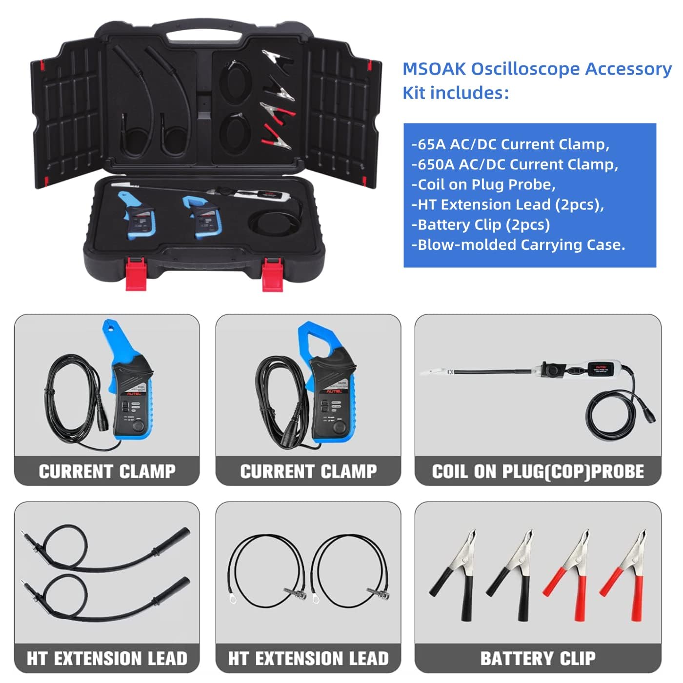 Autel MaxiSys MSOAK Oscilloscope Accessory Kit, Compatible with Autel Scanner Ultra S2/ Ultra/ MS919/ MP408, Includes 65/650A Current Clamps, Coil On Plug Probe, HT Extension Lead and Battery Clip