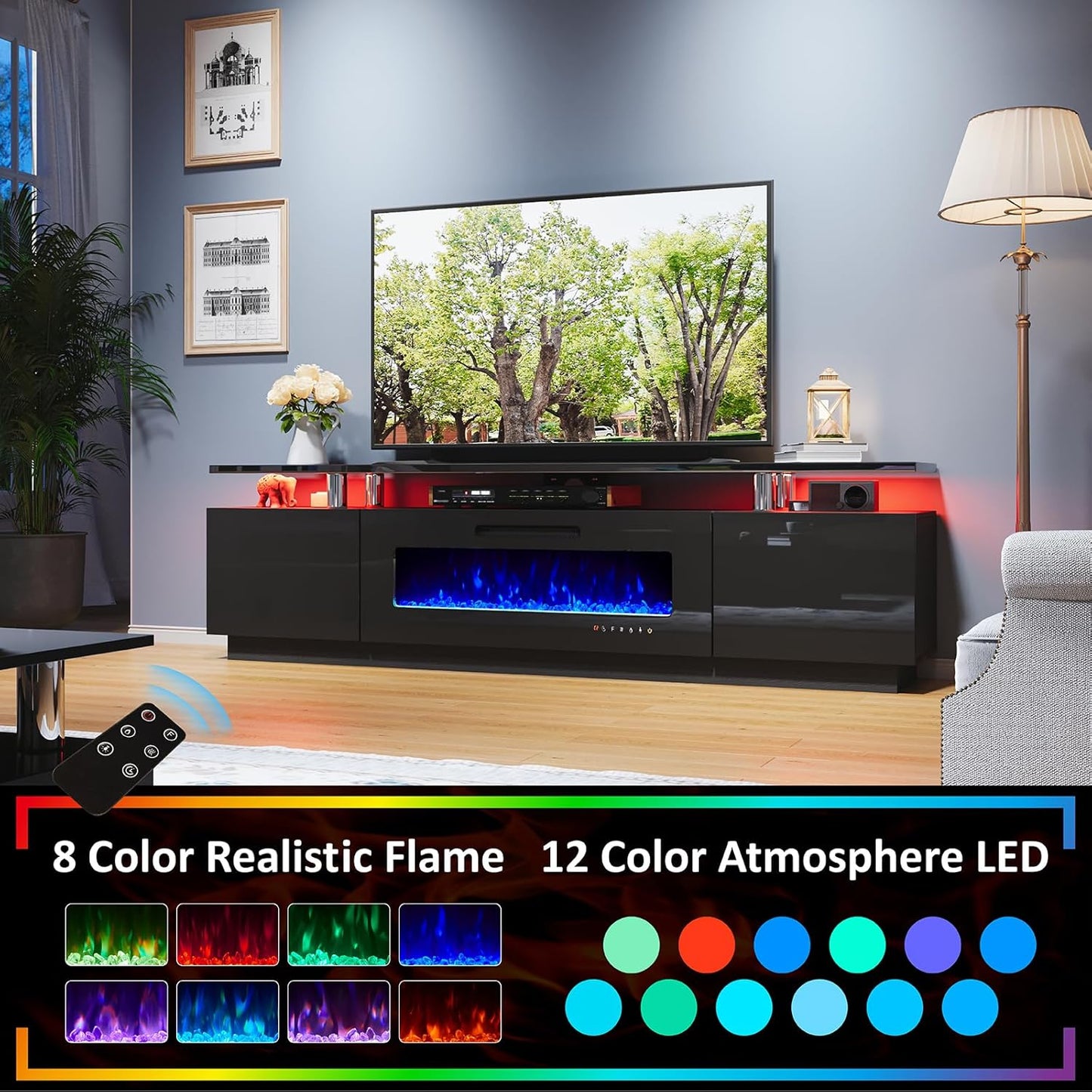 AMERLIFE 5 Piece Modern Living Room Table Set, Includes 80" Fireplace TV Stand, 2-Tier Coffee Table, 2 X Side Tables with Charging Station, LED Media Furniture, Black