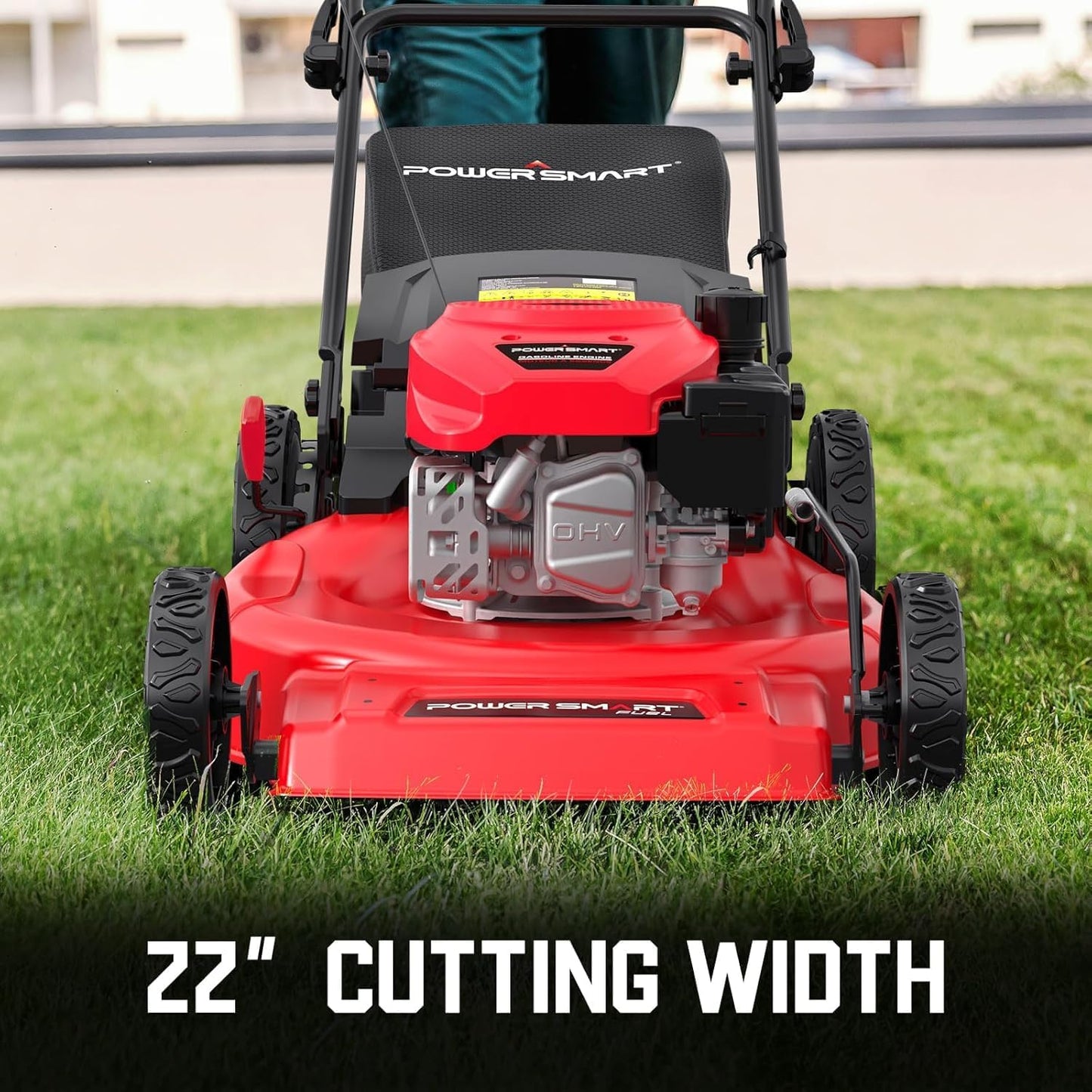 PowerSmart Self Propelled Gas Lawn Mower, 22-inch with 170cc OHV Engine 2-in-1 Rear Wheel Drive, High Wheels, 6-Position Height Adjustment, Red