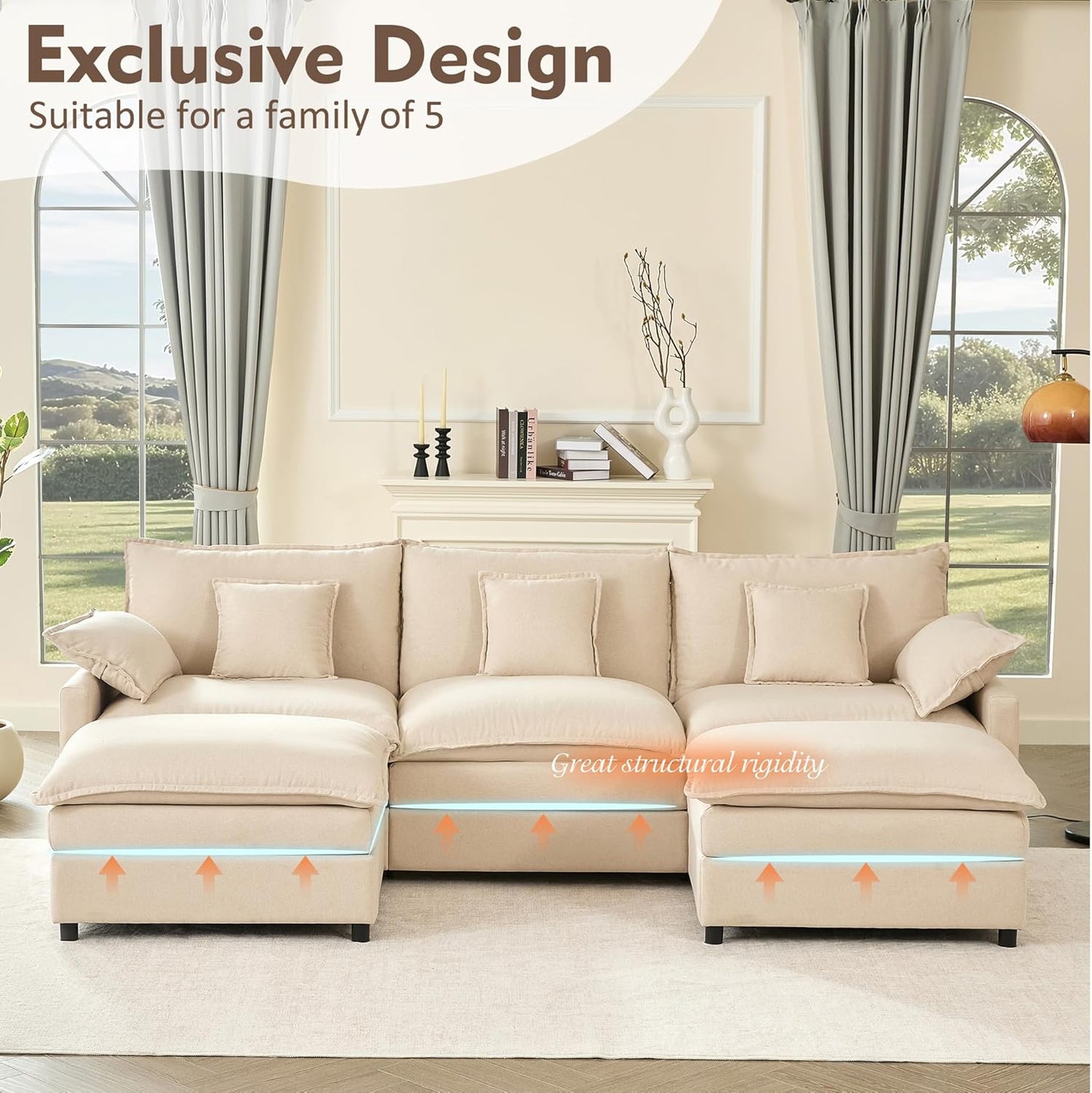 GOSUHI 108" U Shaped Couch, Modular Sectional Sofa, 3-Seater Comfy Cloud Couch, Set of Modular Pieces with Movable Ottoman, Deep Seat Couches for Living Room, Linen, Beige