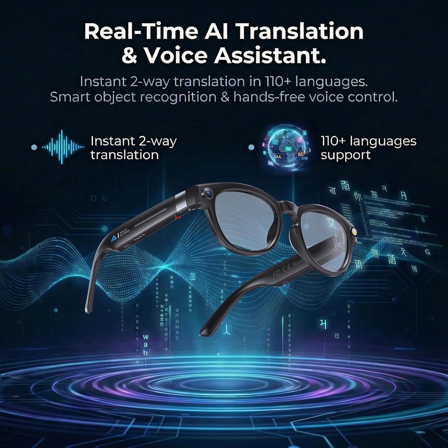 AI Smart Glasses with 8MP Camera, 1080P Video Recording Sunglasses with Audio, Real-Time Translation & Object Recognition, Bluetooth Smart Eyewear withVoice Assistant (Black)
