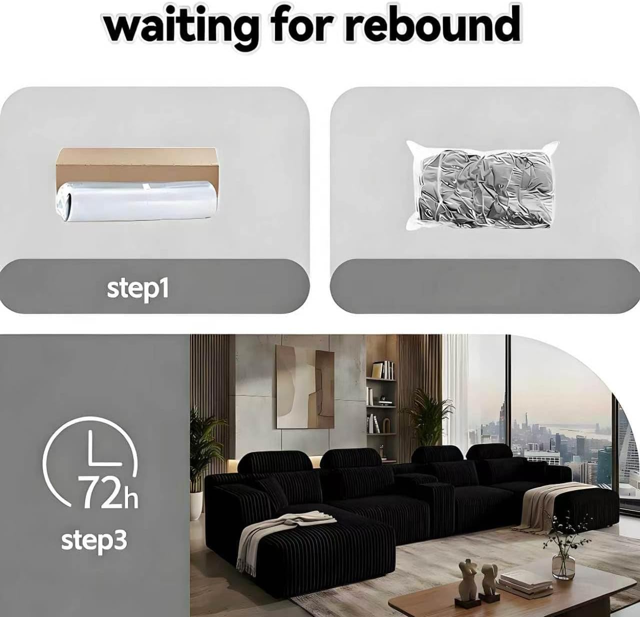 KEIKI Modular Sectional Cloud Couch for Living Room - 143" 6 Seater Convertible Velvet Couches Set with Ottoman, No Assembly Compression Sofa, Comfortable Sofa with Chaise Lounge & Cup Holders, Black