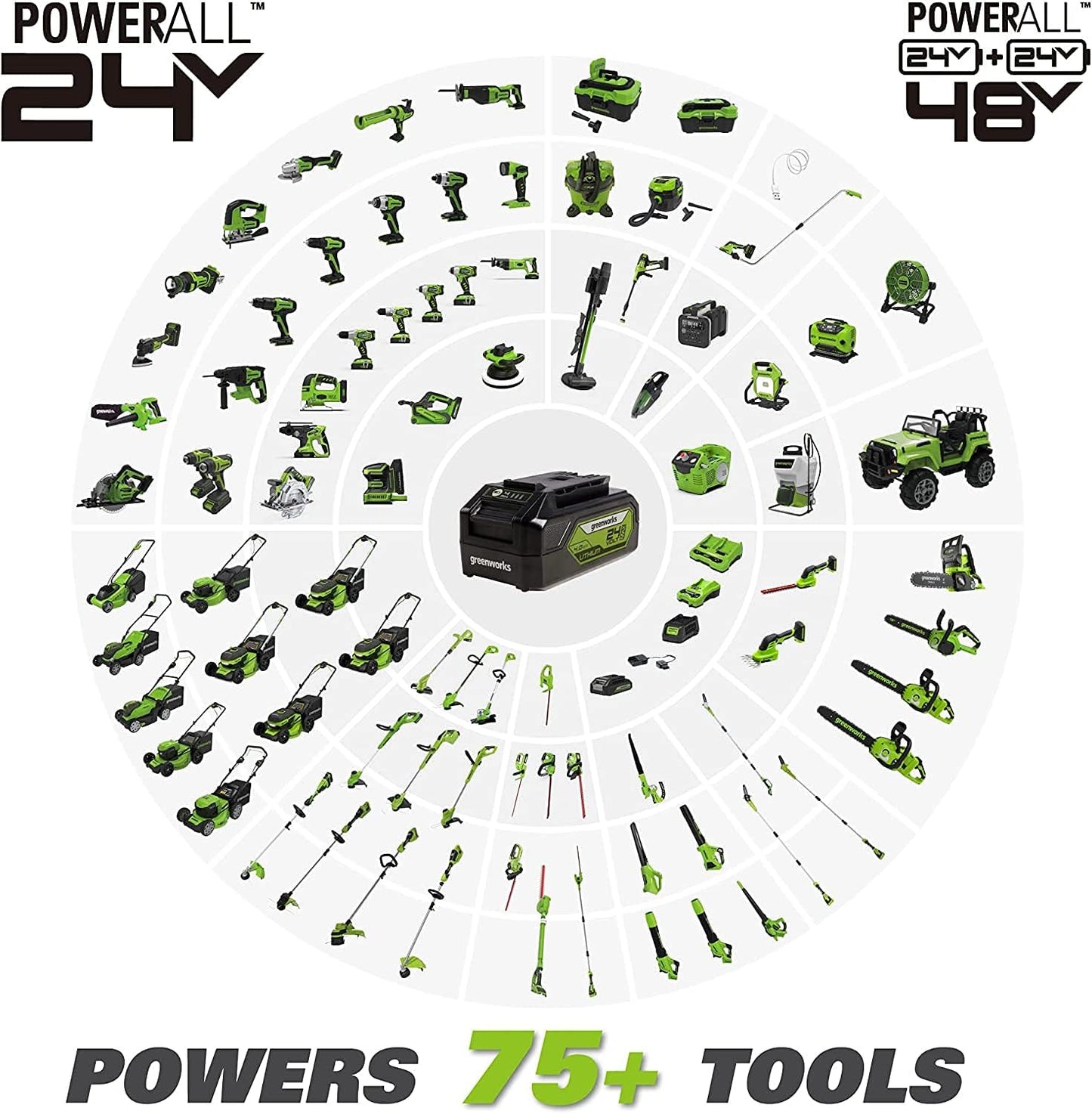 Greenworks 48V (2 x 24V) 17" Brushless Cordless Lawn Mower + 24V Drill / Driver, (2) 4.0Ah USB Batteries (USB Hub) and Dual Port Rapid Charger Included