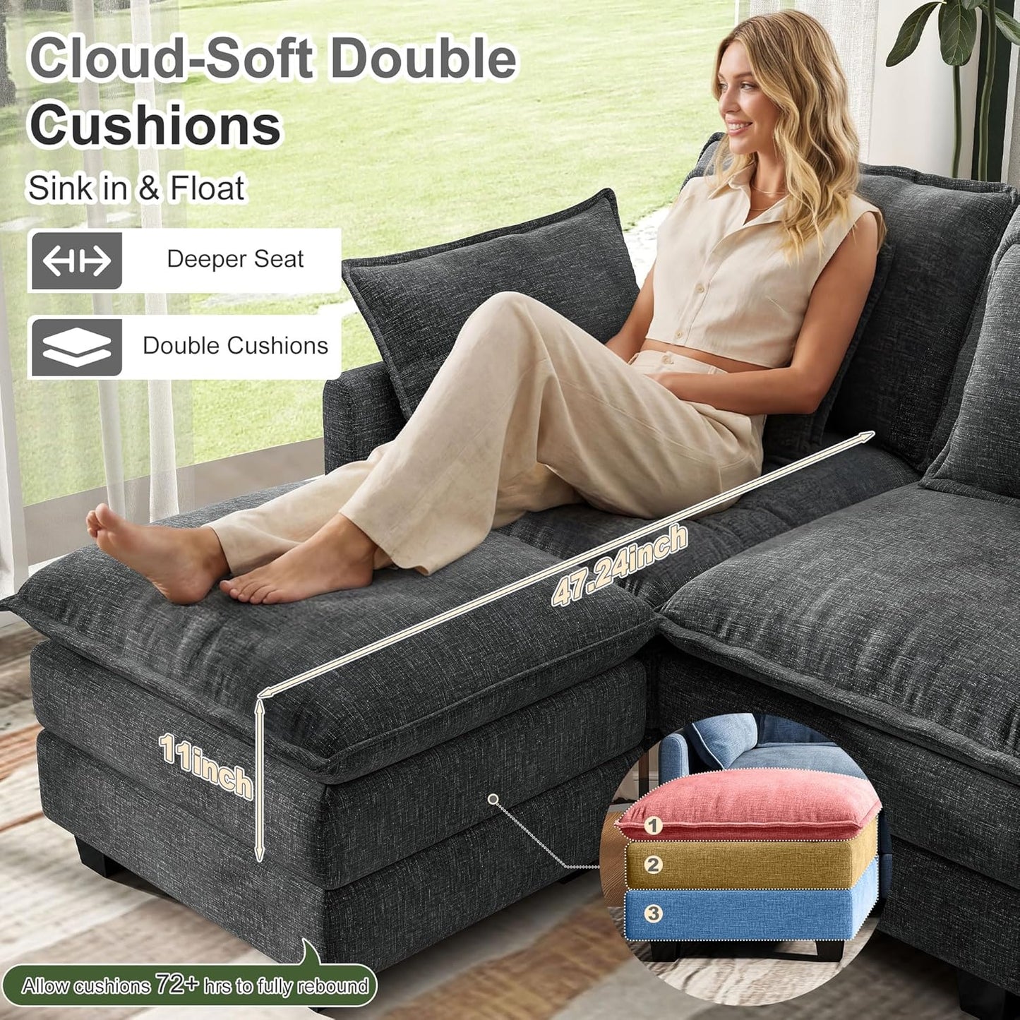 107" Cloud Couch Sectional, U Shaped Modular Sectional Sofa, 4-Seat Deep Seat Couch with 6 Removable Washable Pillows and 2 Ottoman for Living Room, Bedroom, Apartment, Black Grey