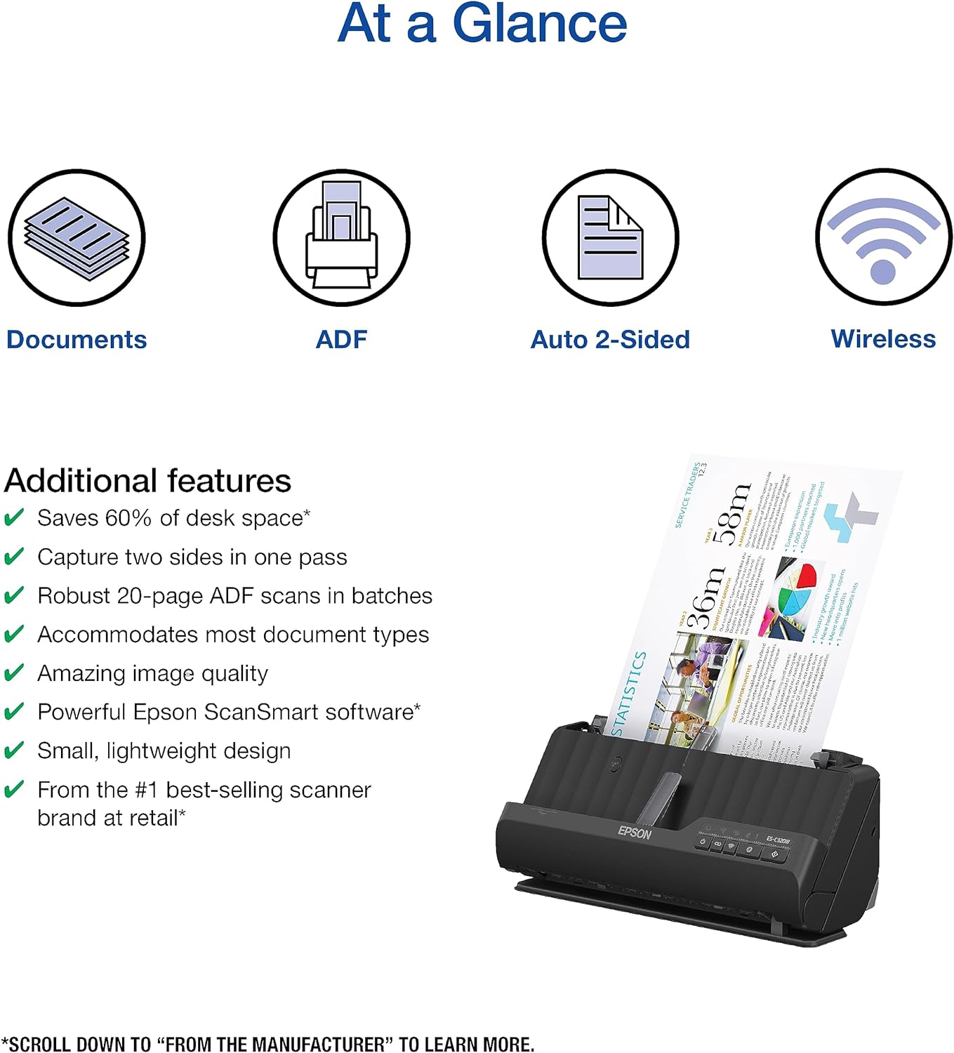 Epson Workforce ES-C320W - Wireless Compact Desktop Document Scanner - 2-Sided Scanning Auto Doc Feeder - Can Scan Paper and Cards - Black