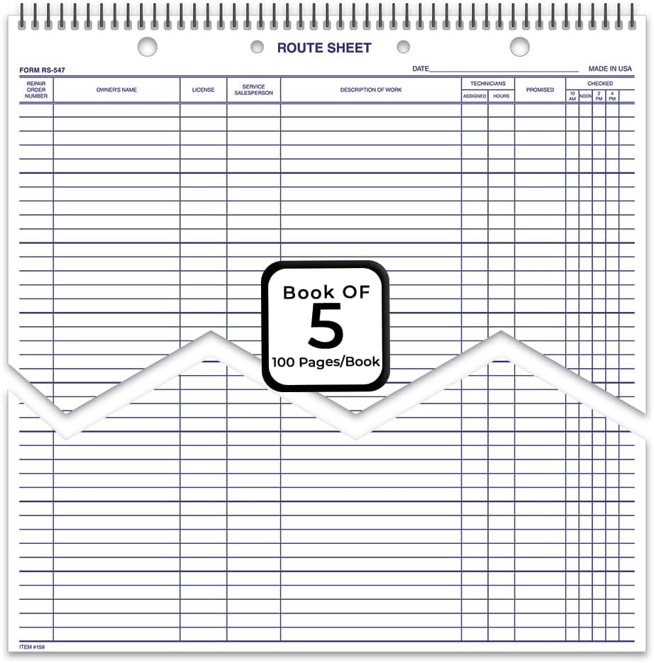 MICRO TEC Daily Service Route Sheets – 12" x 15" Daily Schedule & Appointment Sheets – Spiral Bound Route Planner on 100# Tag Stock Paper – Blue Ink Print – 100 Pages/Book (Book of 5)