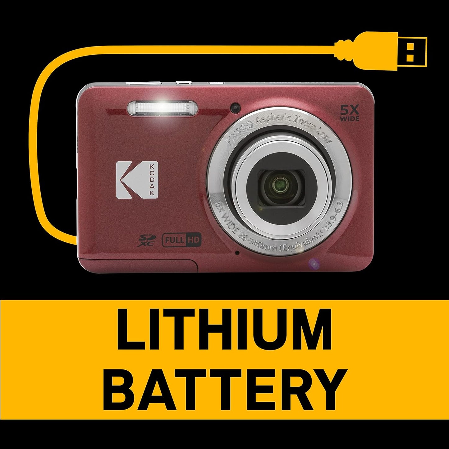 Kodak PIXPRO FZ55-RD 16MP Digital Camera 5X Optical Zoom 28mm Wide Angle 1080P Full HD Video 2.7" LCD Vlogging Camera (Red) Packaging May Vary