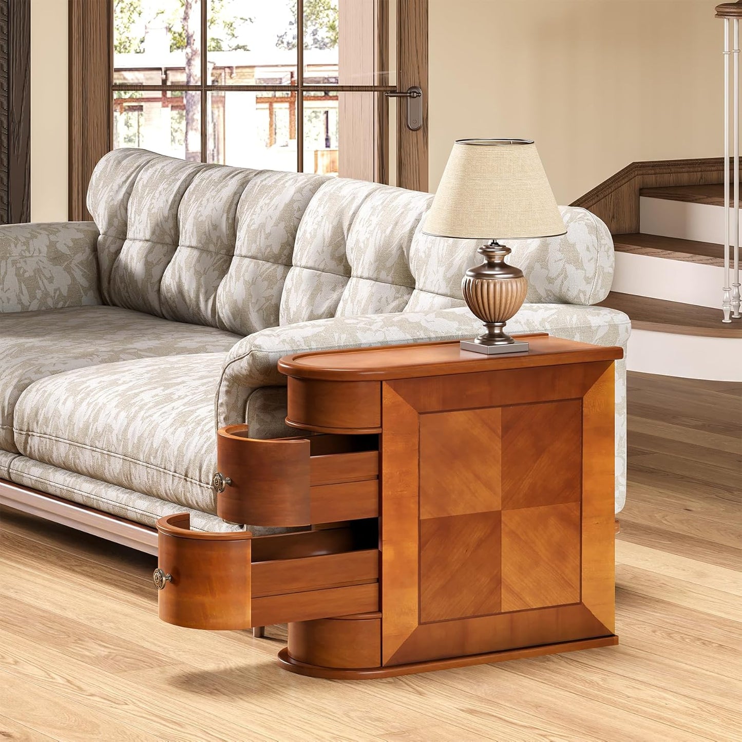 LITTLE TREE End Table Set of 2, No Assembly Required Wood End Table with 2 Drawers, Sofa Side Table for Living Room, Vintage Slim Nightstand Bedside Table for Bedroom