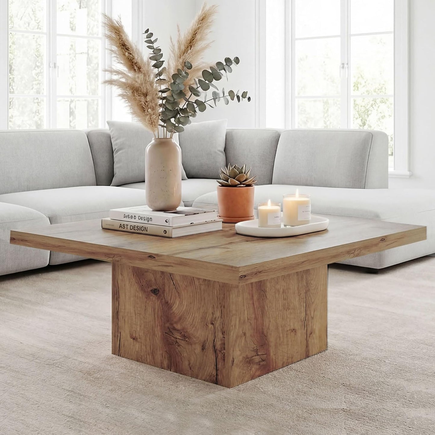 HOMCOM Square Coffee Table, Center Table with 1.6" Thick Tabletop for Living Room, Easy Assembly, 31.5"x31.5", Light Brown Wood Grain
