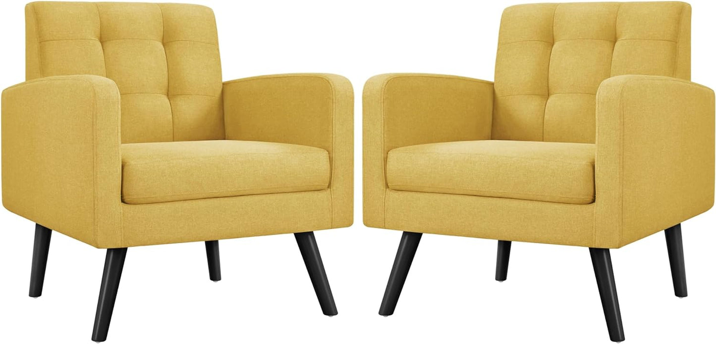 Yaheetech Mid-Century Accent Chairs, Modern Upholstered Living Room Chair, Cozy Armchair Button Tufted Back and Wood Legs for Bedroom/Office/Cafe, Set of 2, Yellow