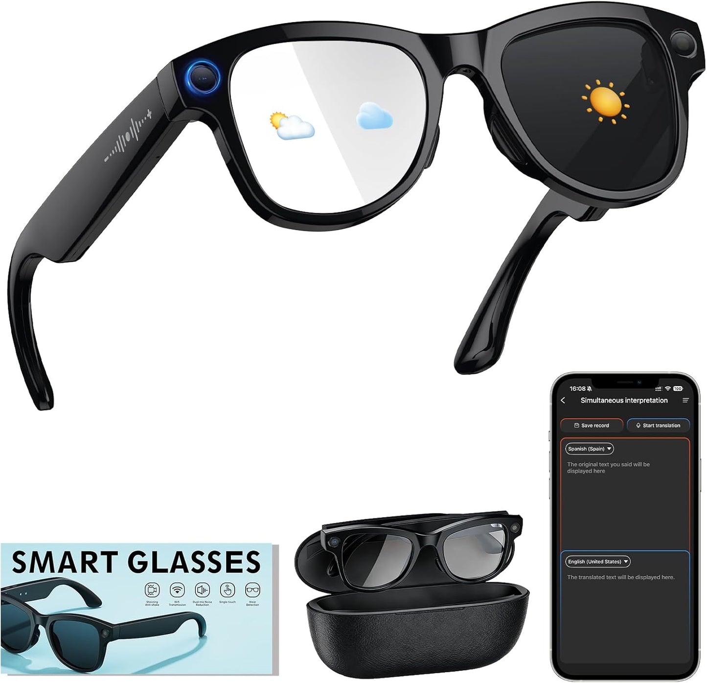 Smart Glasses with Camera with 3600mAh Charging Case, 8MP HD Video Recording with Anti-Shake POV Camera, AI Voice Assistant, Photochromic Glasses with AI Translation for Travel Vlog Business