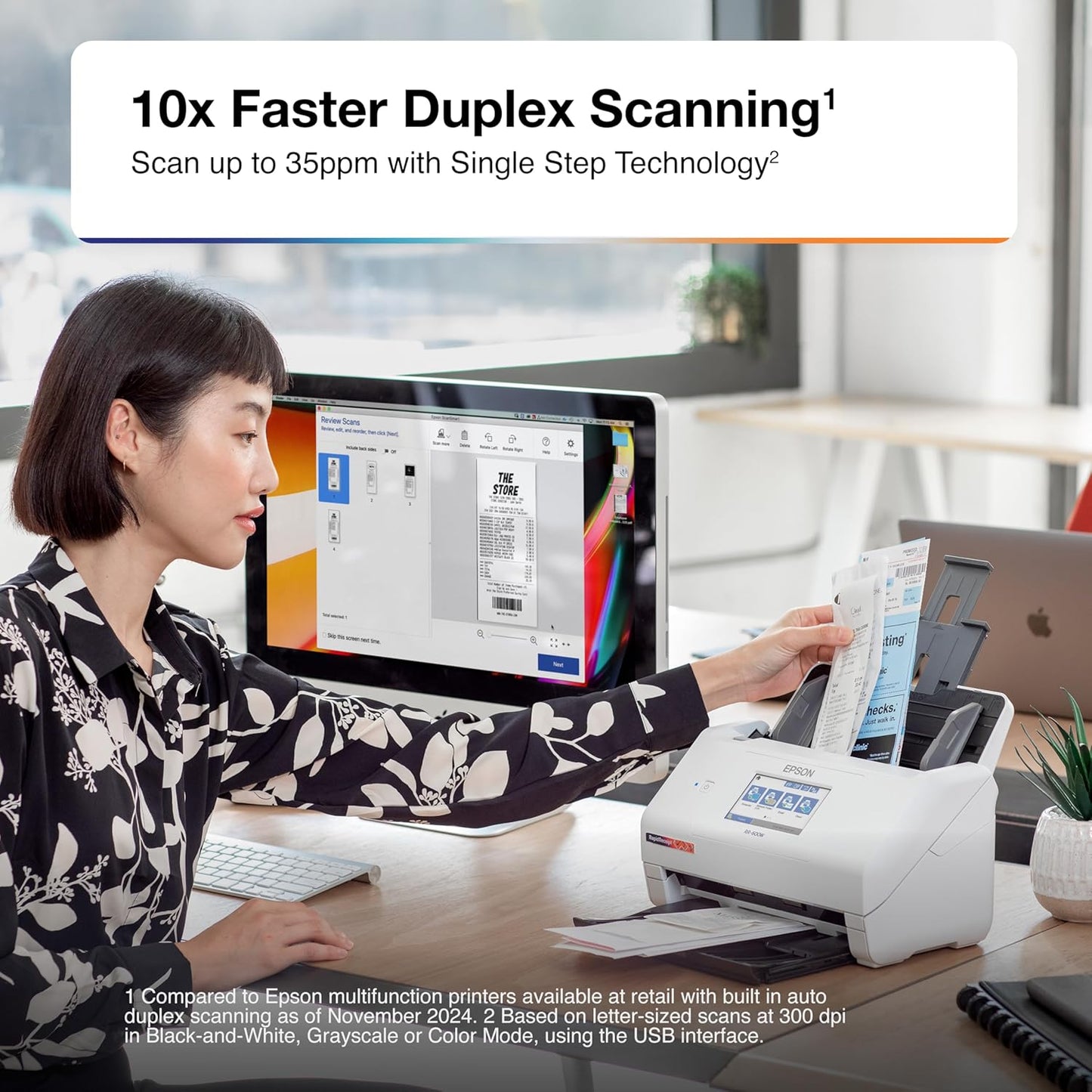 Epson RapidReceipt RR-600W Wireless Desktop Color 2-Sided Document & Tax Receipt Scanner with ScanSmart AI PRO Data Management Software for PC & Mac Touchscreen & 100-Page Auto Document Feeder, White