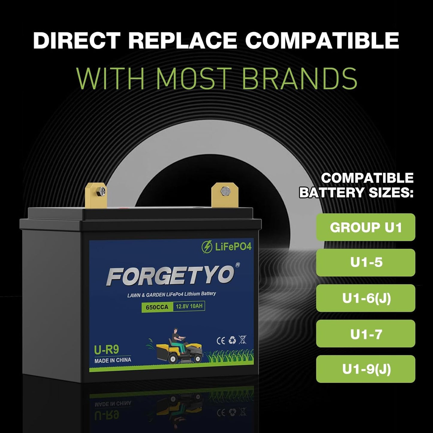 U-R9 Riding Lawn Mower Battery, 12V 10Ah 650CCA Lithium LiFePO4 Garden Tractor Starting Battery, Compatible with John Deere,Cub Cadet,Craftsman,Troy-Bilt Mower, and Generator