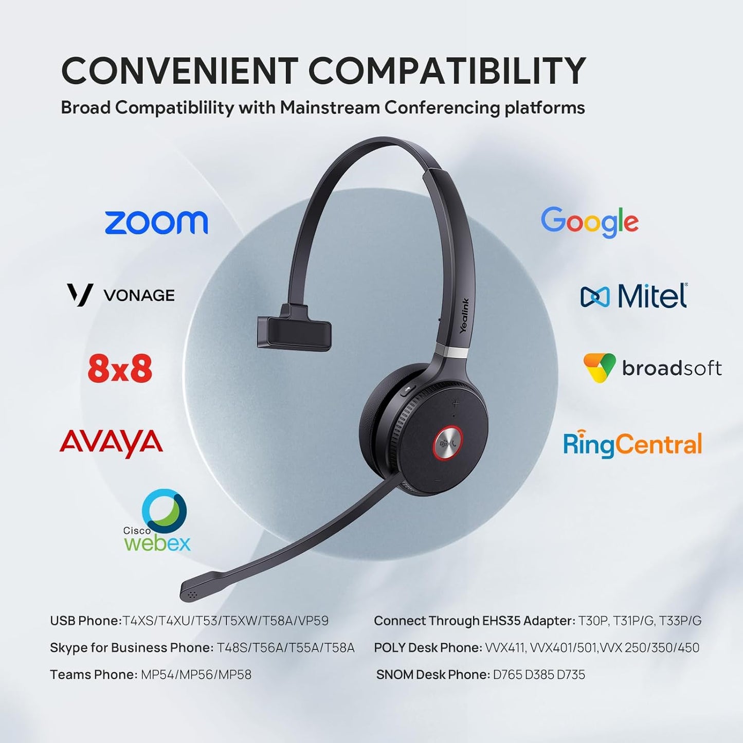Yealink WH62 DECT Mono Teams Wireless Headset, 525 ft Range Work Headphone with 2X Noise Canceling Mic for IP Phone and Computer, Single Ear Headset with Call Control, Ringer,13H Talk Time