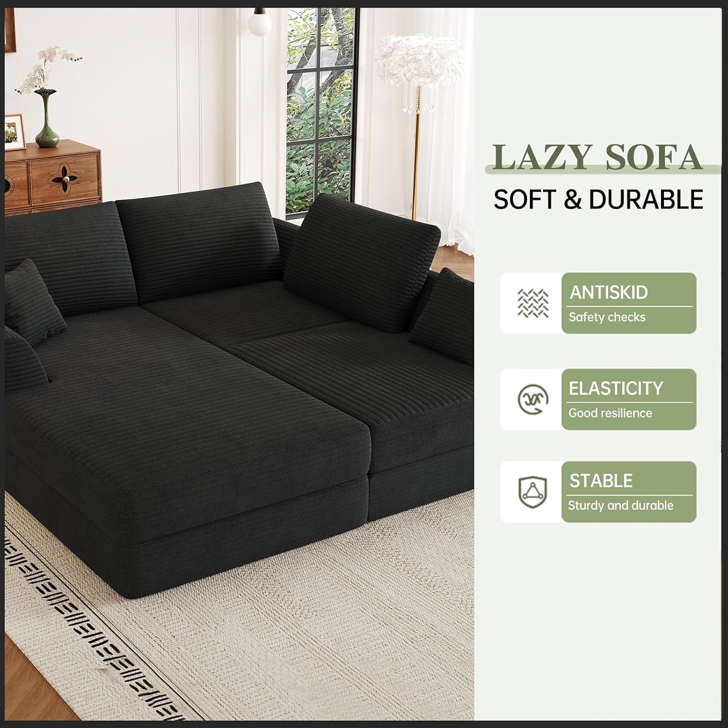 106" Modular Sectional Sofa with Reversible Chaise, Black Corduroy L-Shaped Cloud Couch for Living Room Apartment, 3-Piece Set, No Assembly Required, High-Density Supportive Foam